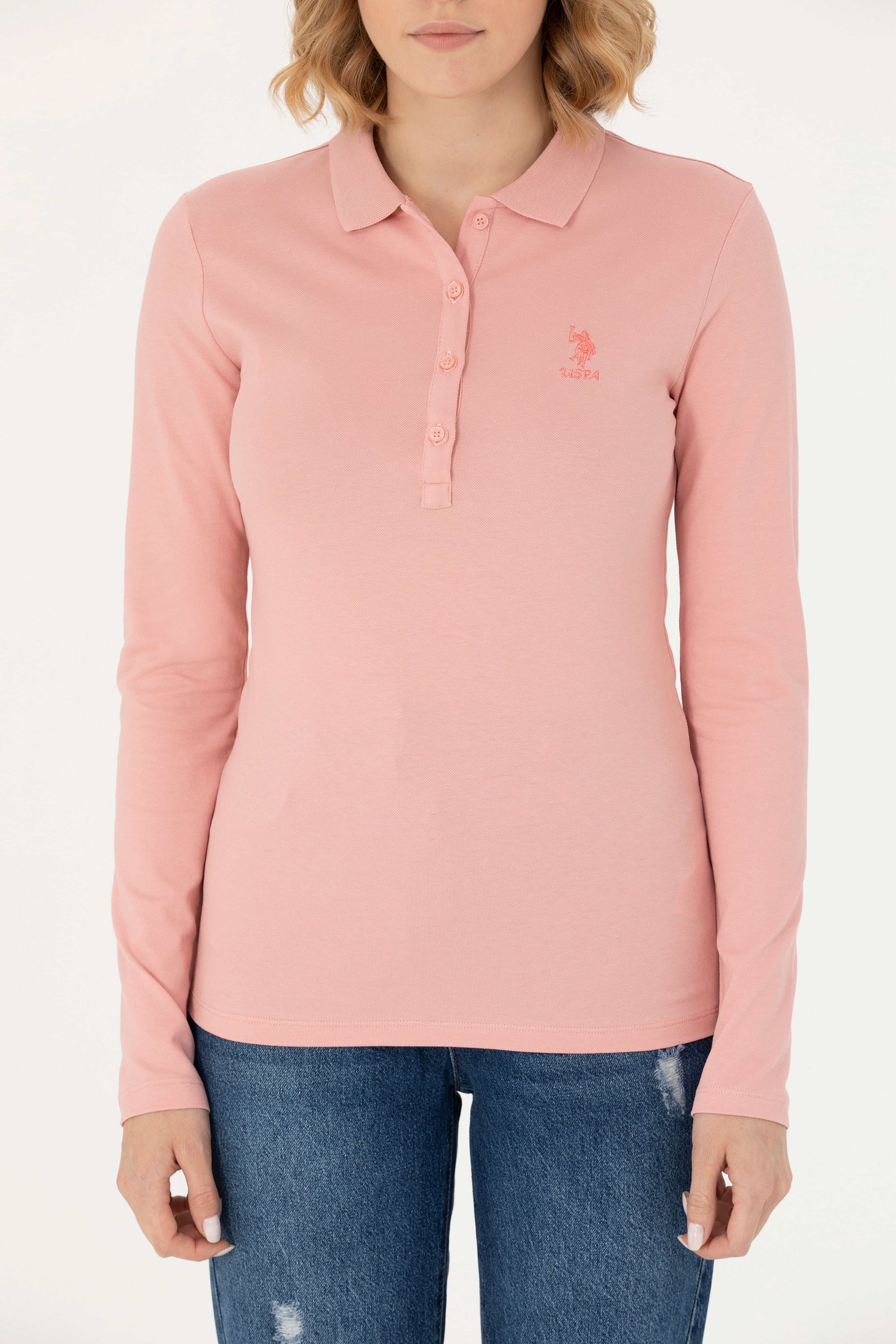 Kadın Pudra Basic Polo Yaka Sweatshirt