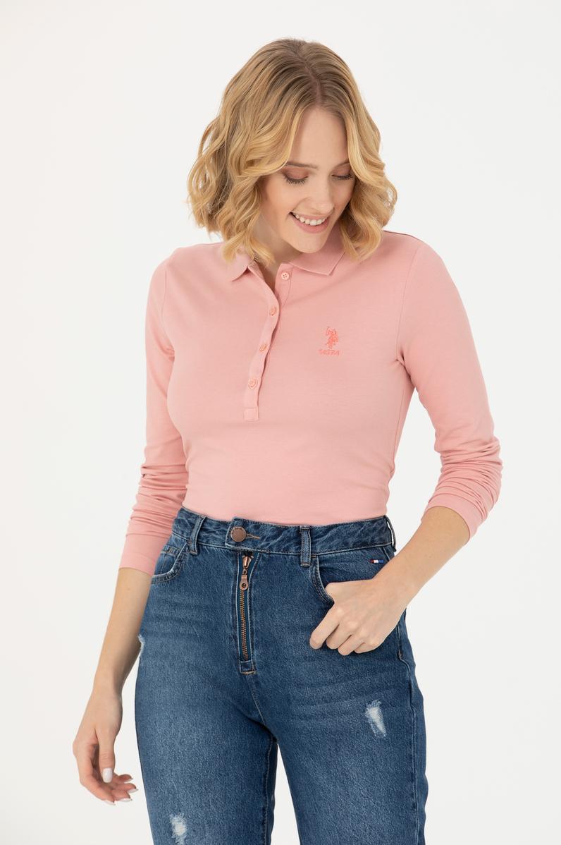 Kadın Pudra Basic Polo Yaka Sweatshirt