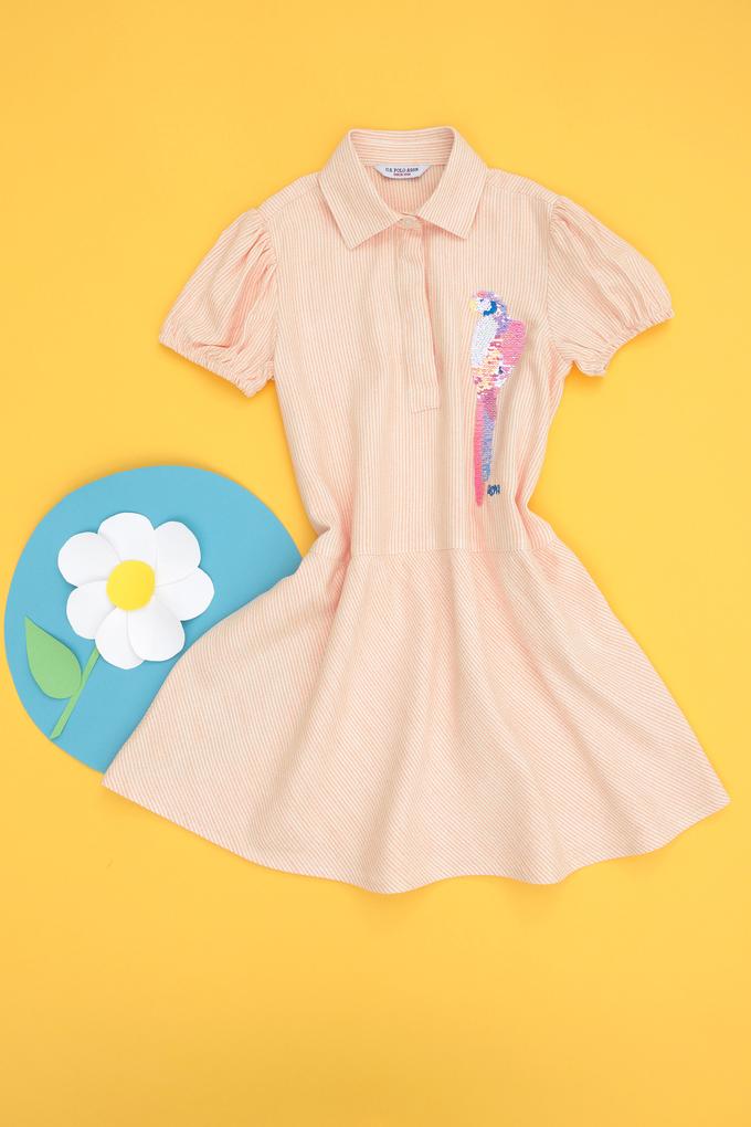 Kız Çocuk Turuncu Kısa Kol Dokuma Elbise