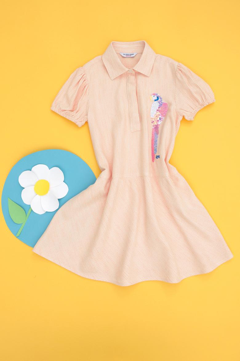 Kız Çocuk Turuncu Kısa Kol Dokuma Elbise