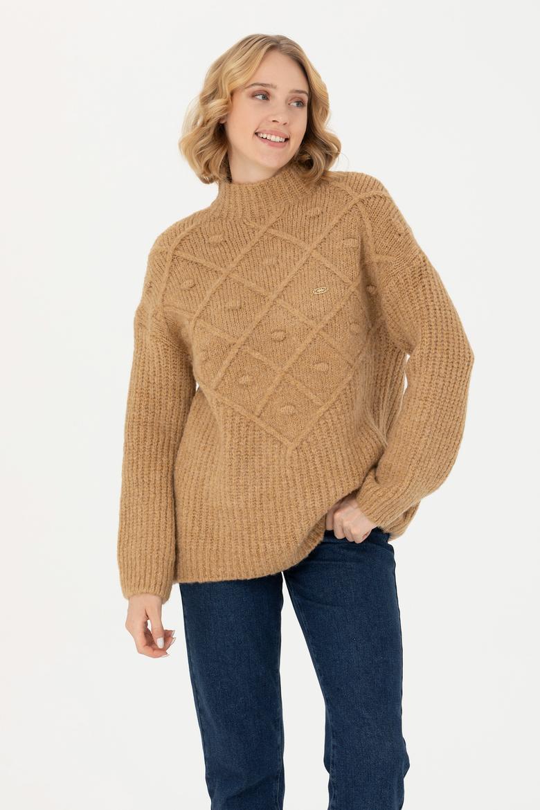 Kadın Kum Melanj Balıkçı Yaka Kazak