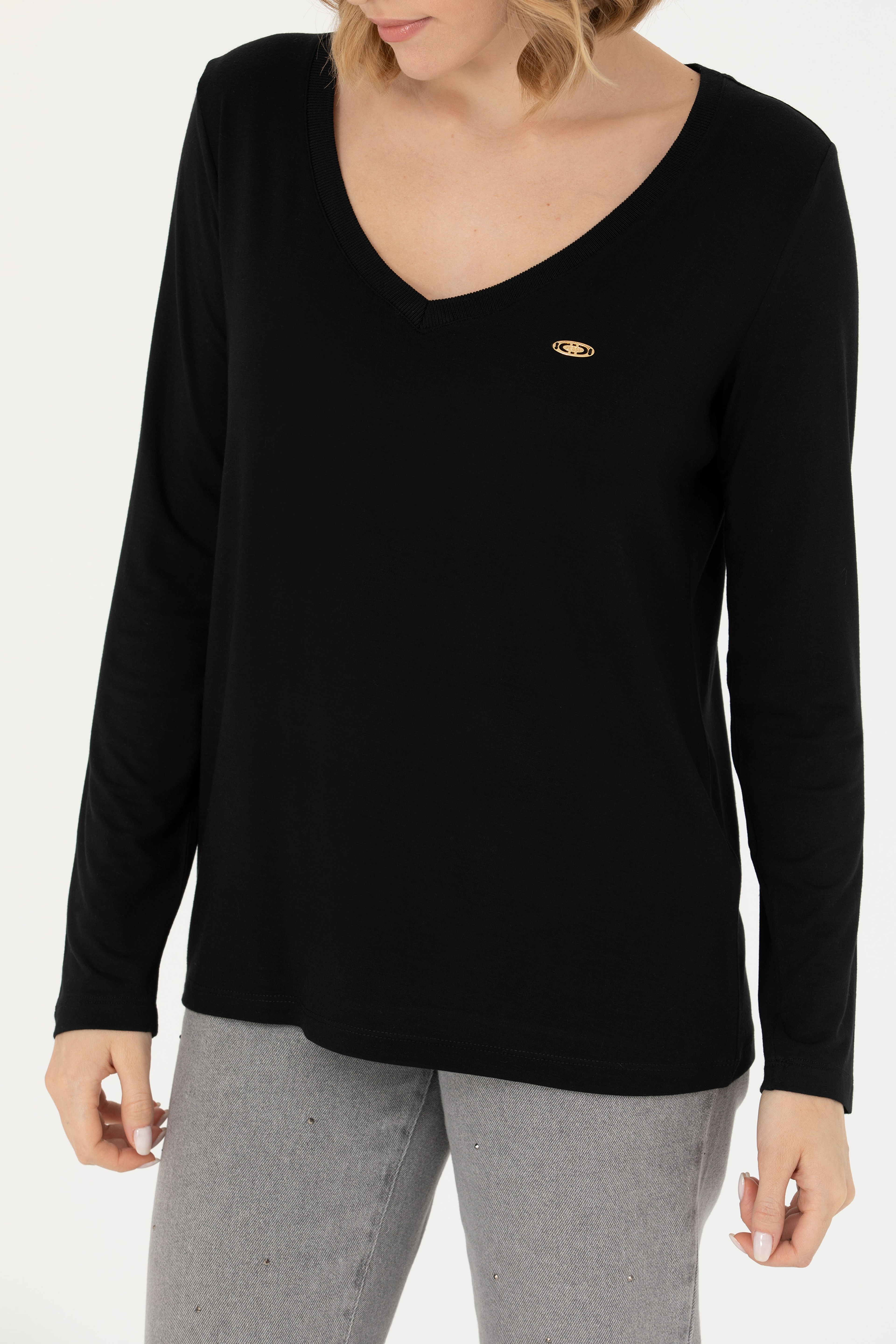 Kadın Siyah V Yaka Sweatshirt