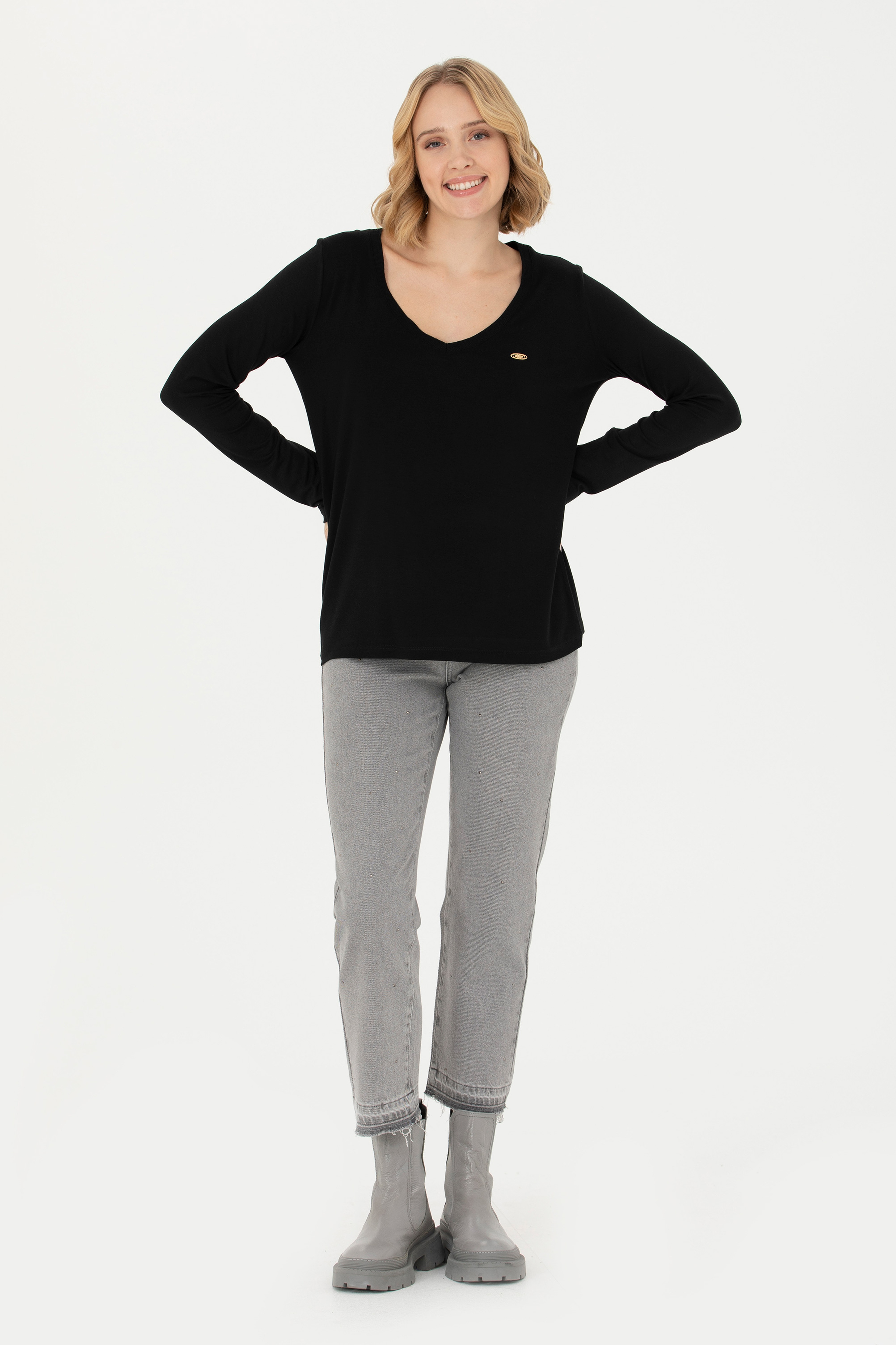 Kadın Siyah V Yaka Sweatshirt