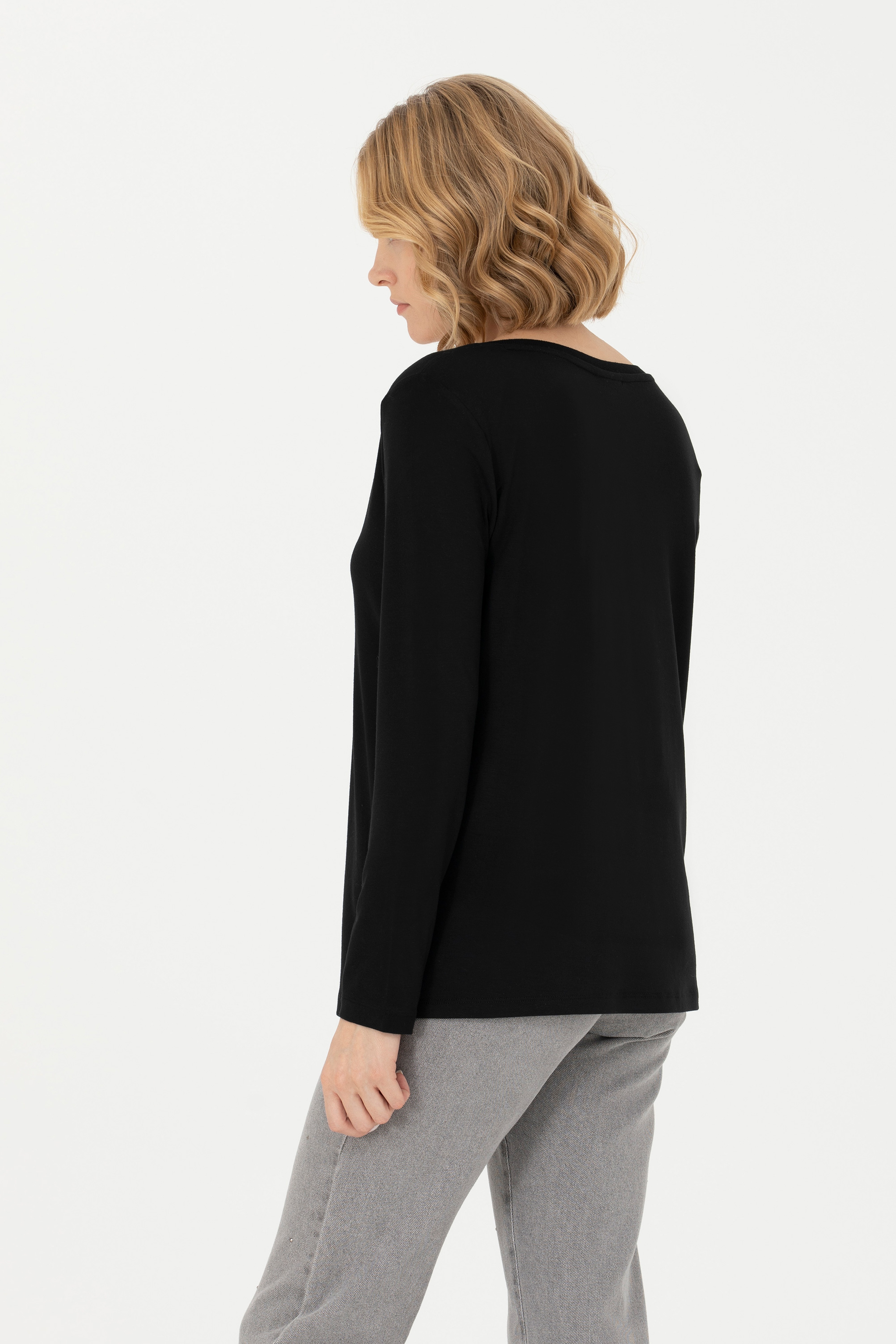 Kadın Siyah V Yaka Sweatshirt
