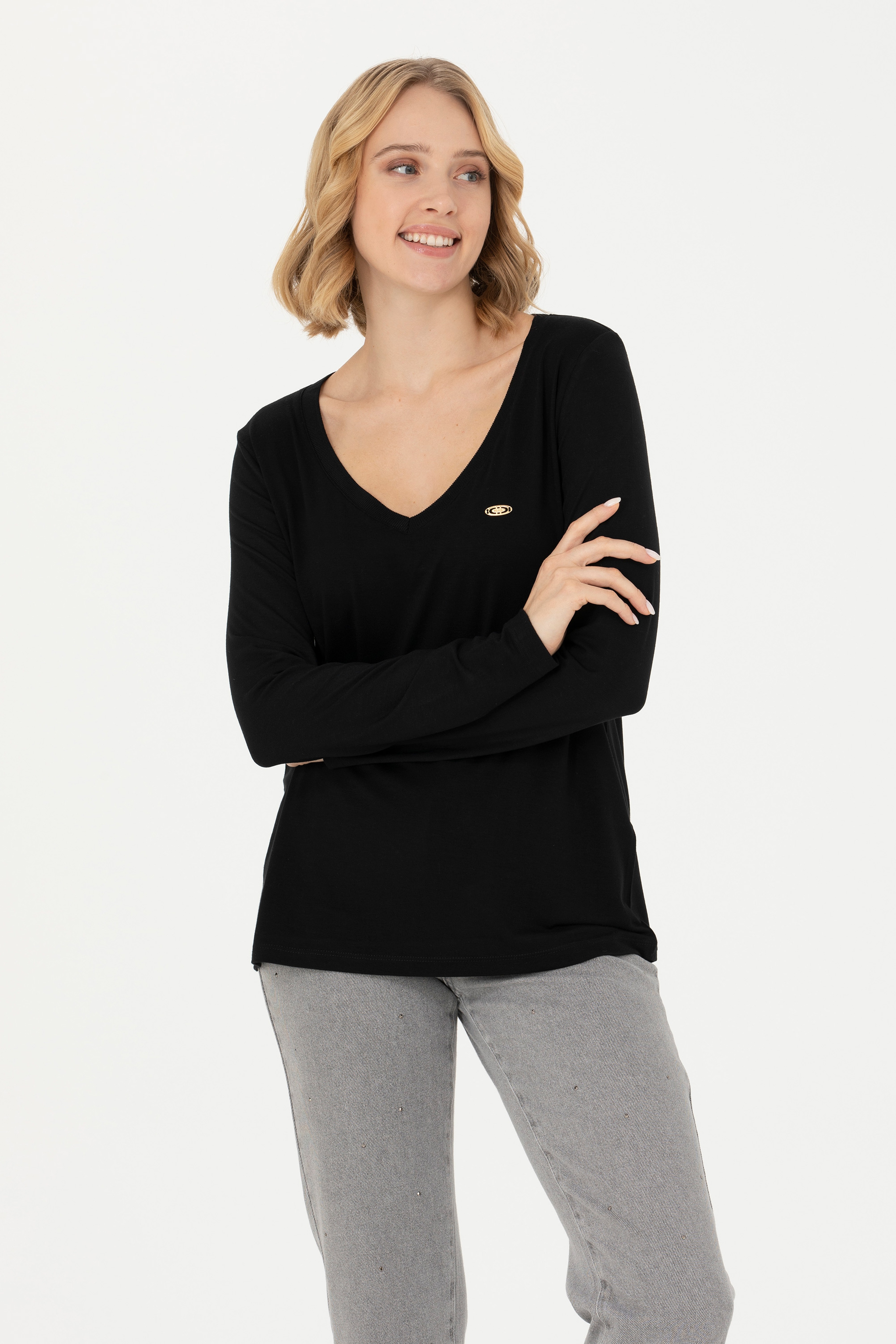 Kadın Siyah V Yaka Sweatshirt - Image 1