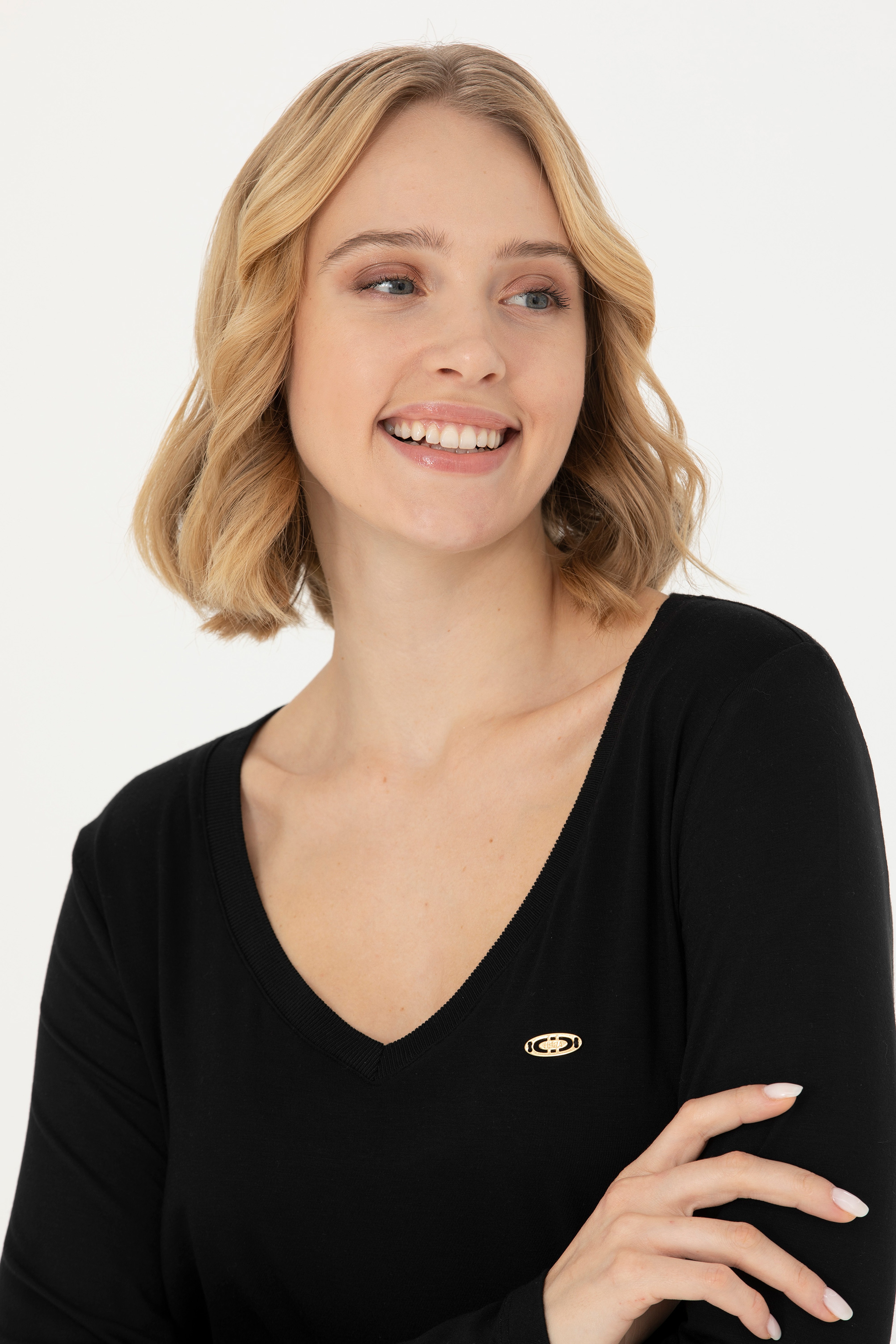Kadın Siyah V Yaka Sweatshirt - Image 2