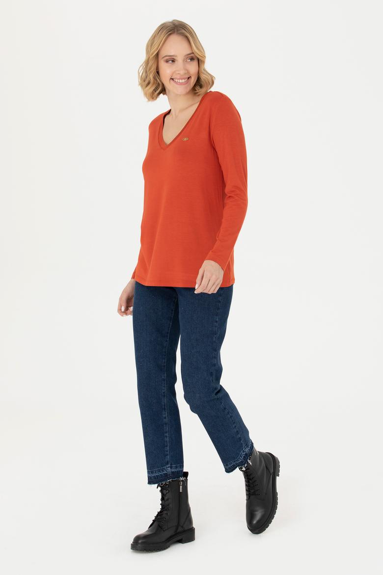 Kadın Kiremit V Yaka Sweatshirt - 50271543013