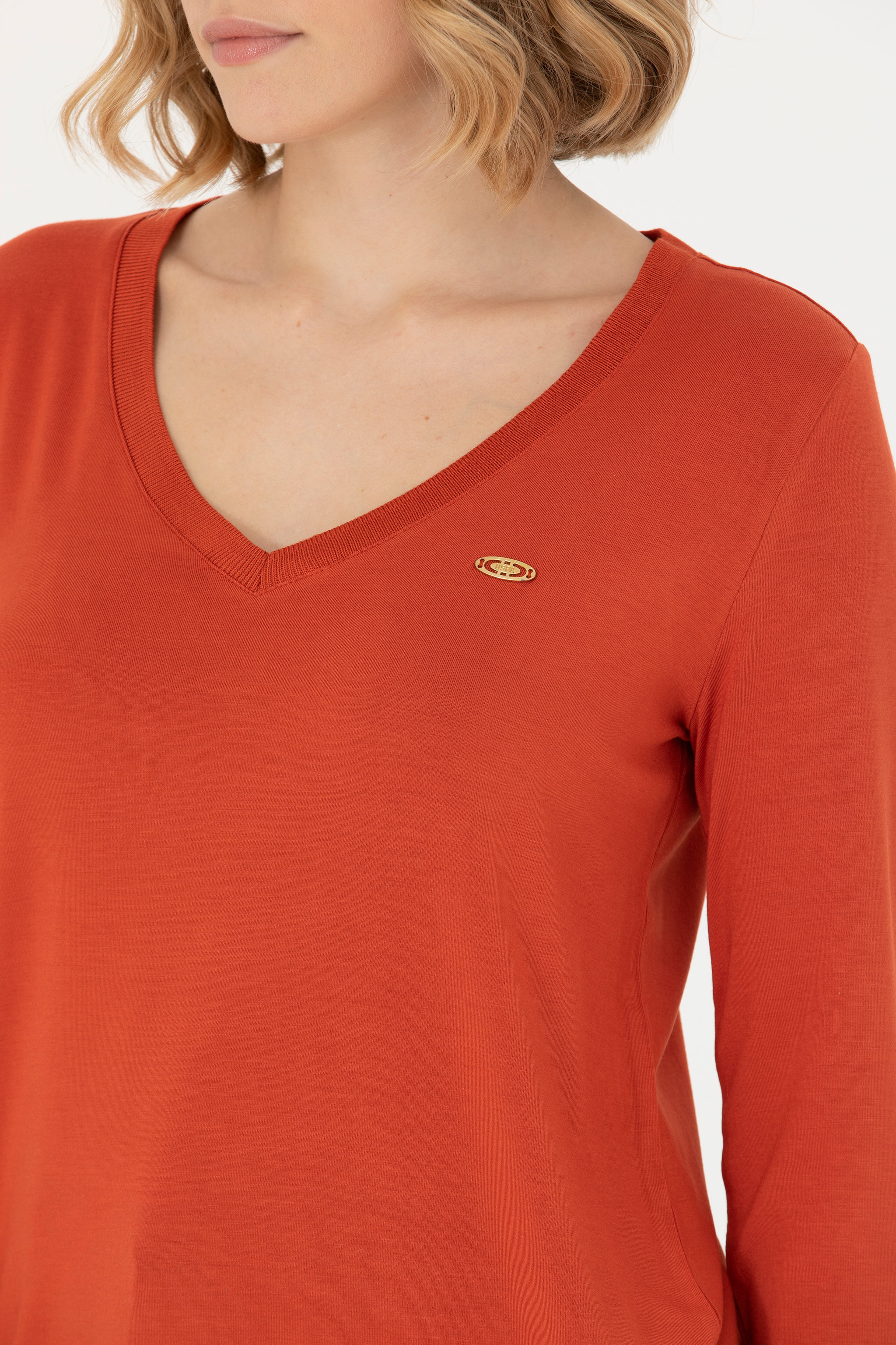 Kadın Kiremit V Yaka Sweatshirt