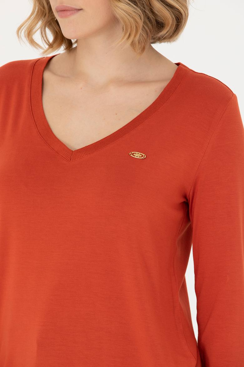 Kadın Kiremit V Yaka Sweatshirt - 50271543013