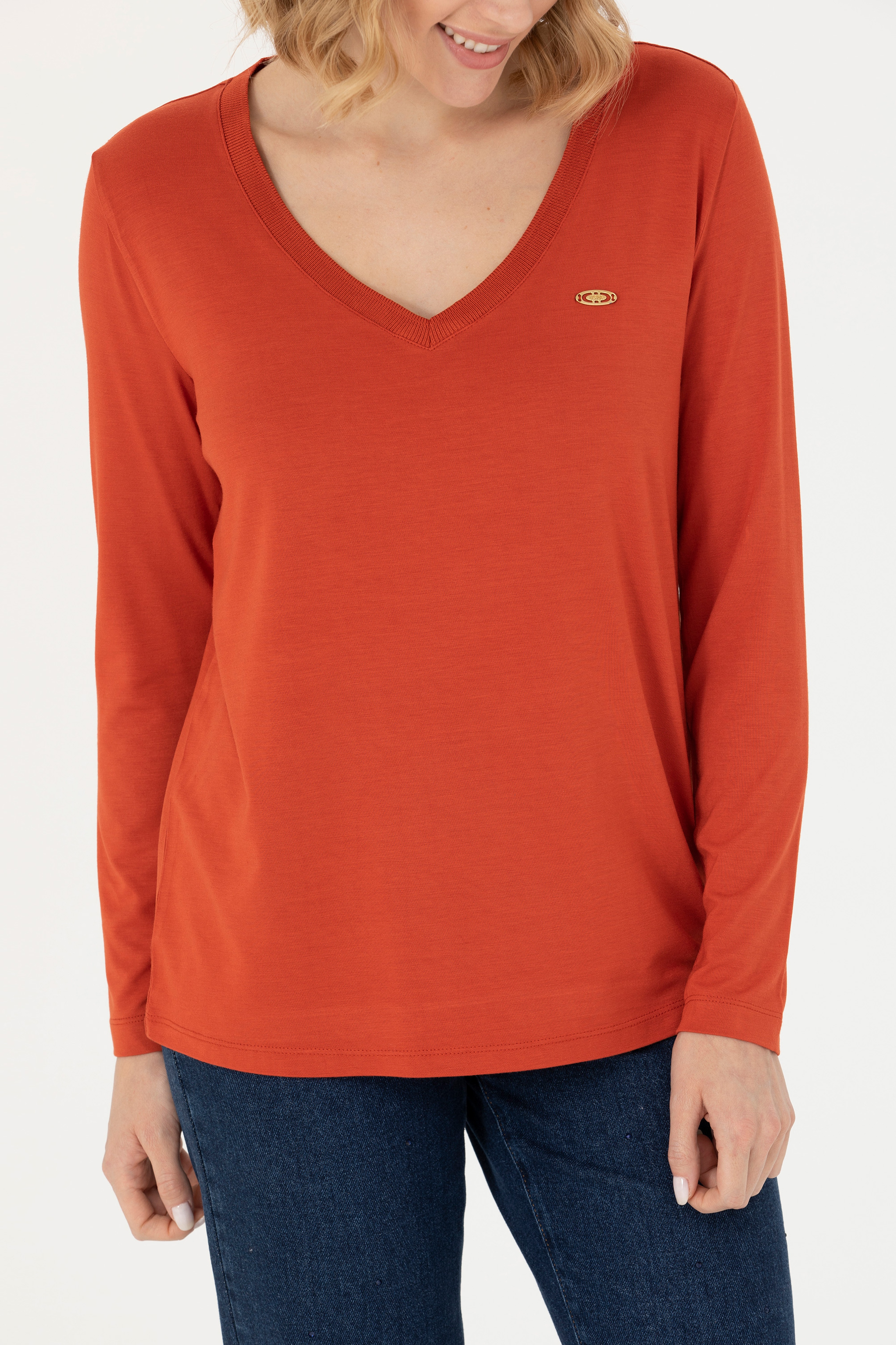 Kadın Kiremit V Yaka Sweatshirt - Image 6