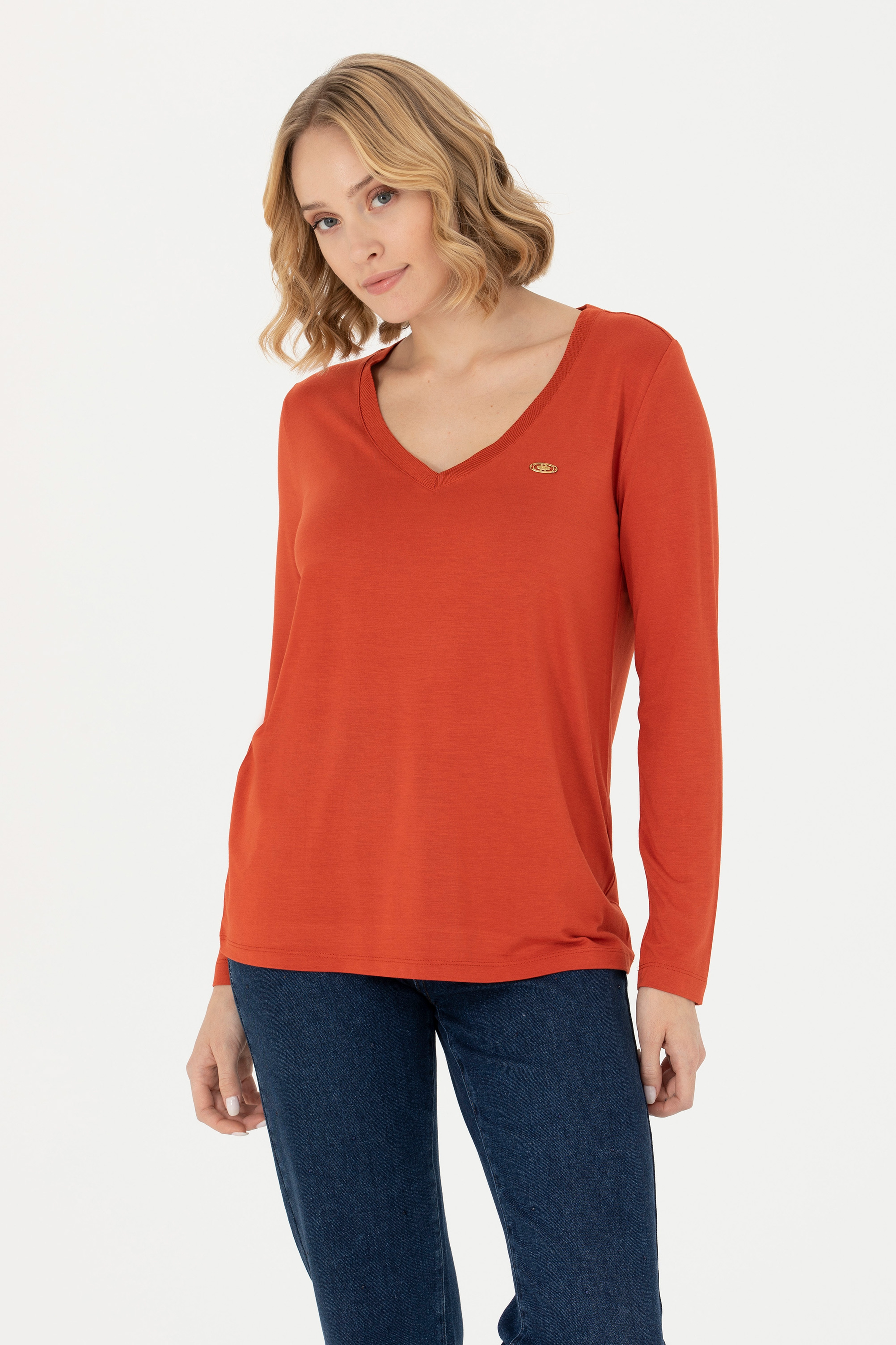Kadın Kiremit V Yaka Sweatshirt - Image 1