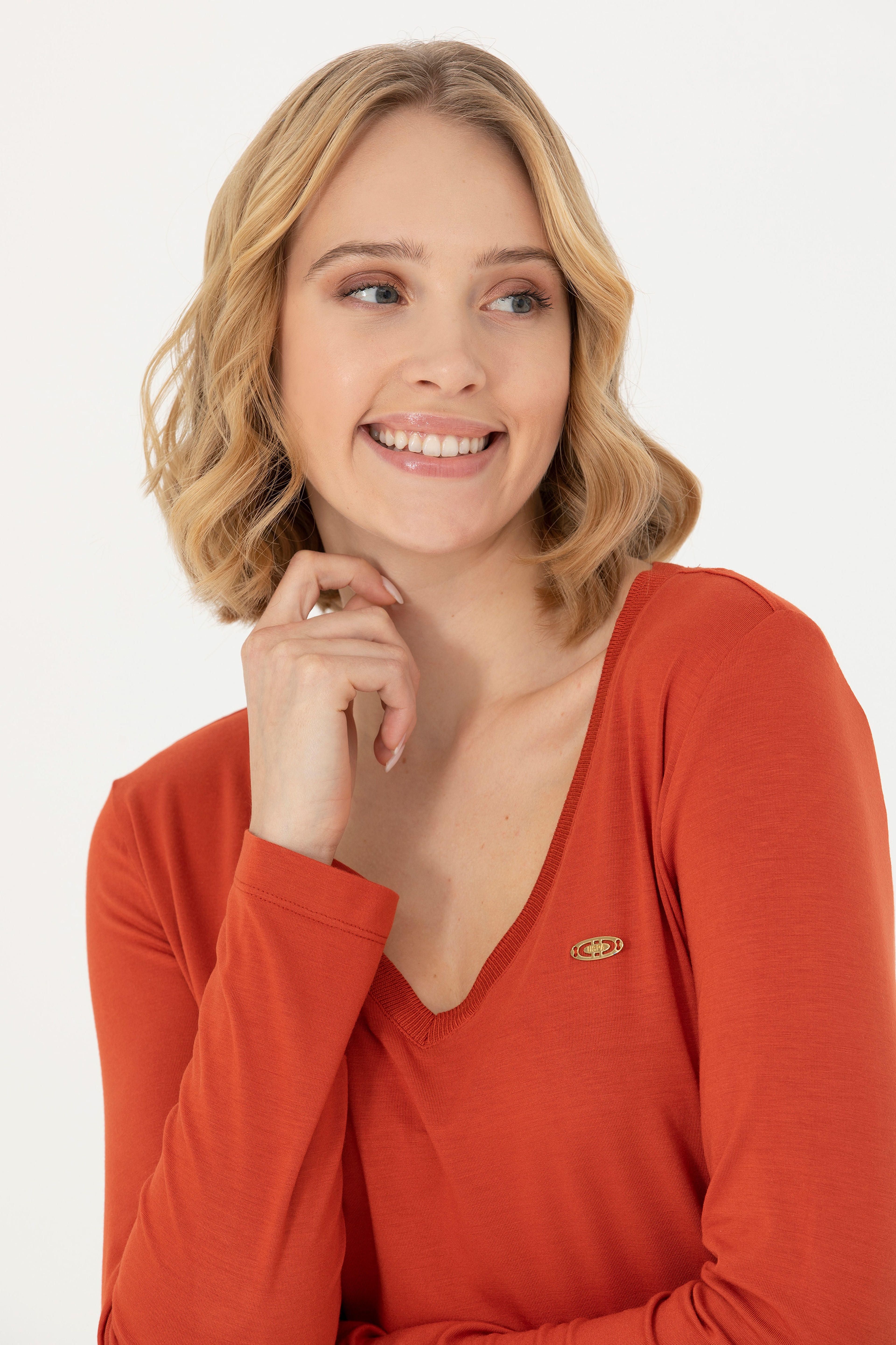 Kadın Kiremit V Yaka Sweatshirt - Image 2