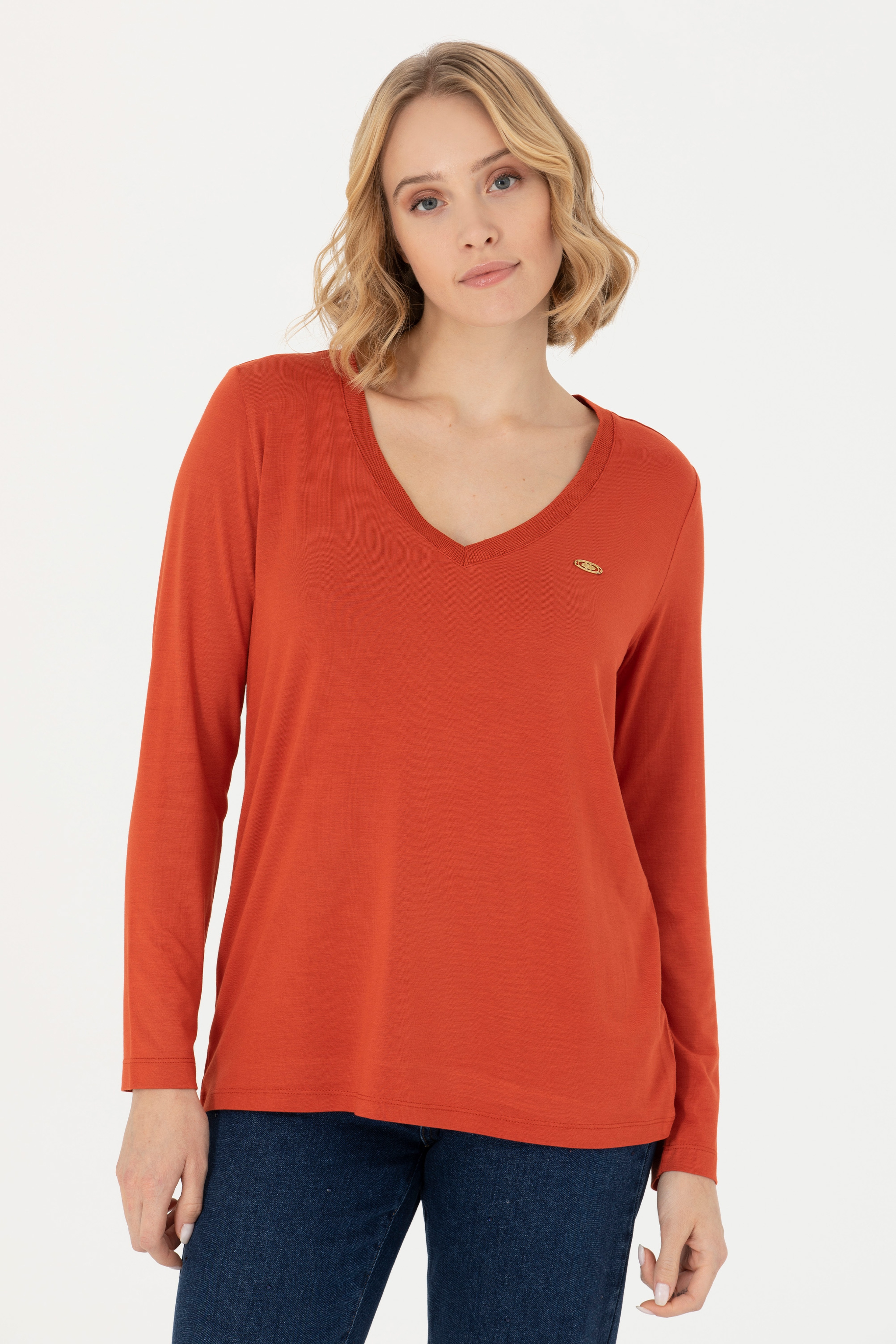 Kadın Kiremit V Yaka Sweatshirt - Image 3