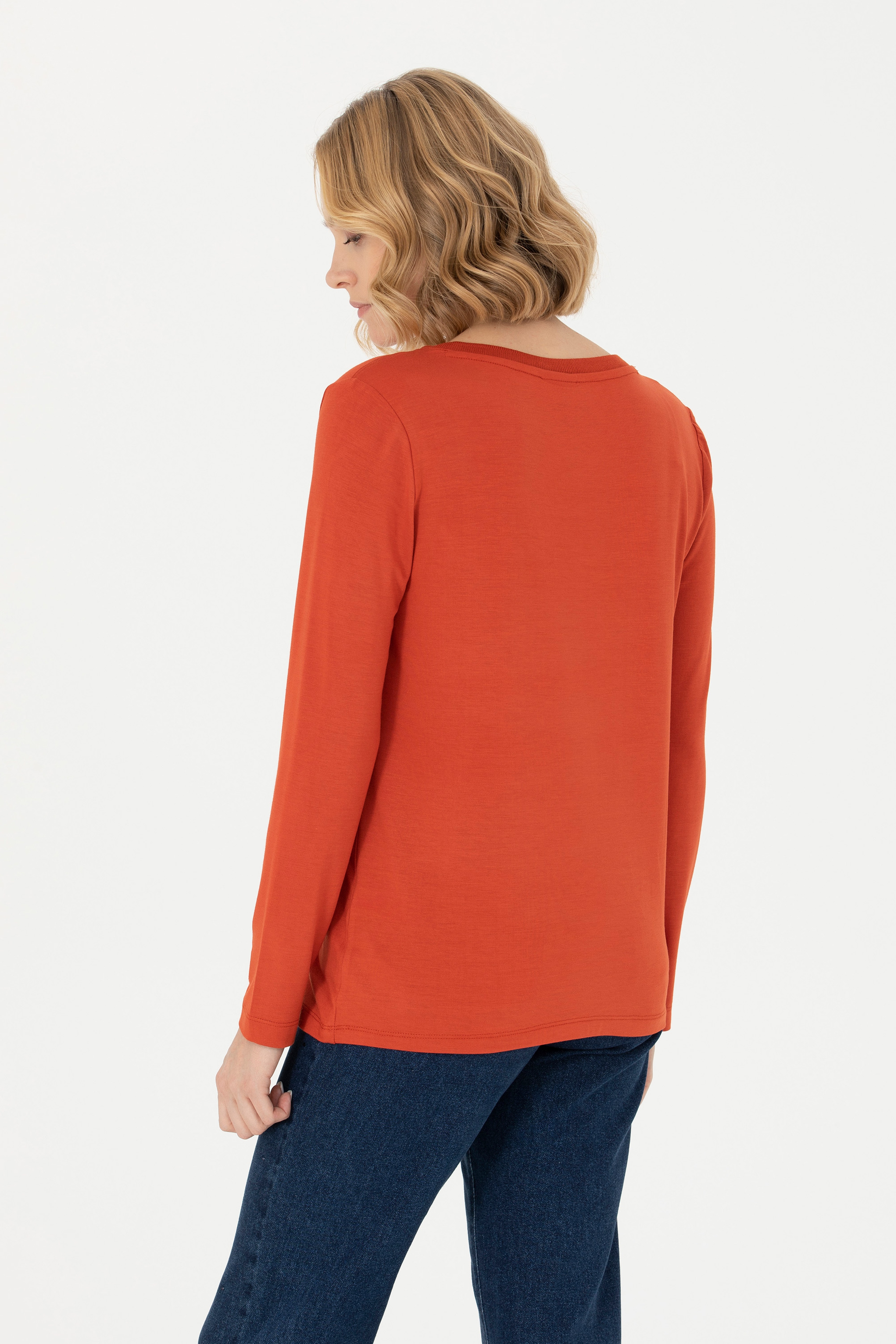 Kadın Kiremit V Yaka Sweatshirt - Image 5