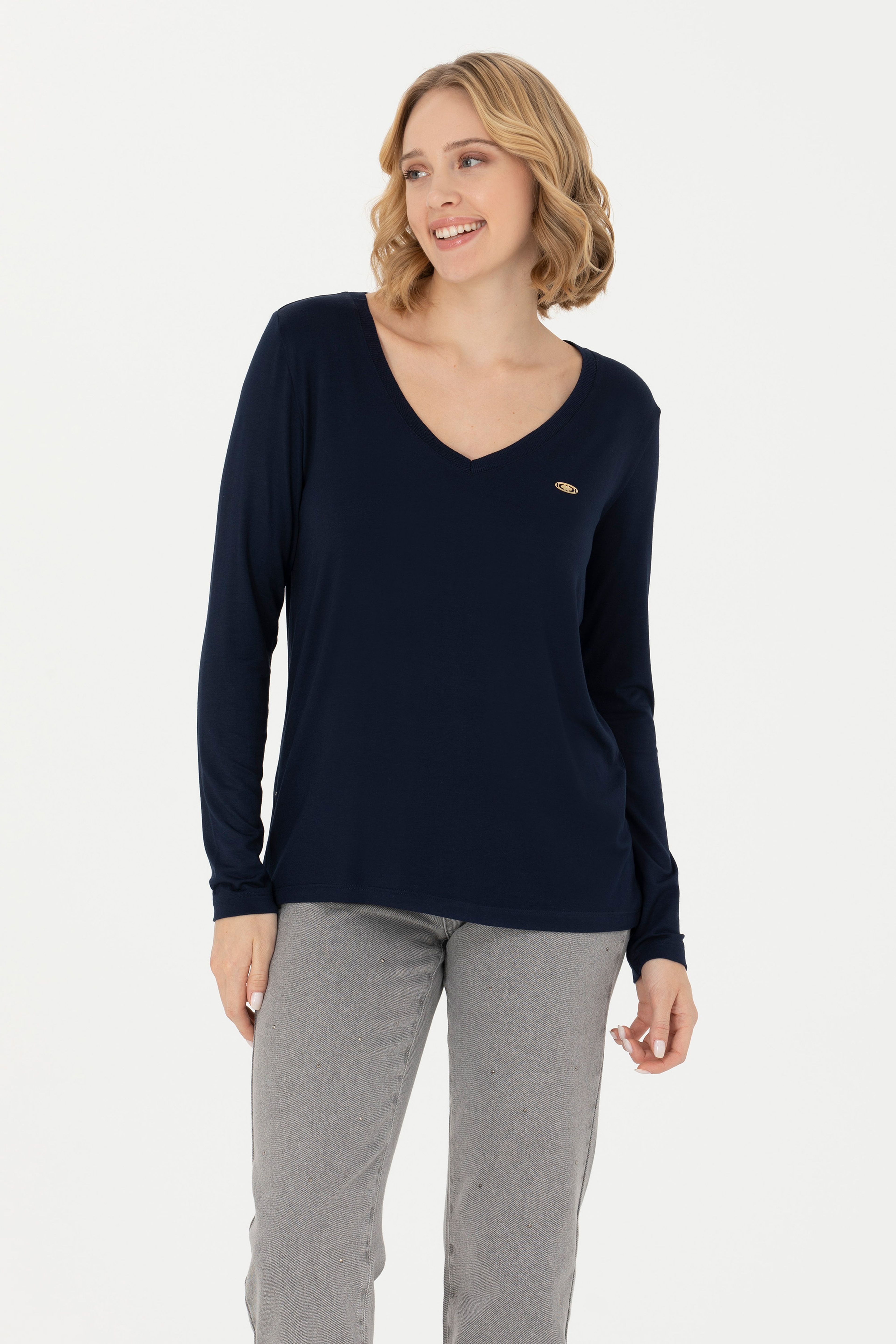 Kadın Lacivert V Yaka Sweatshirt - Image 1
