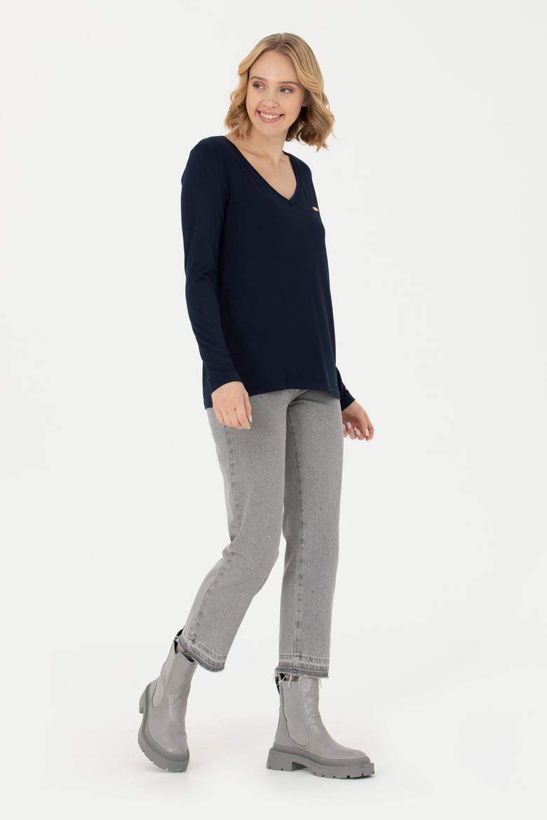 Kadın Lacivert V Yaka Sweatshirt - 50271543060