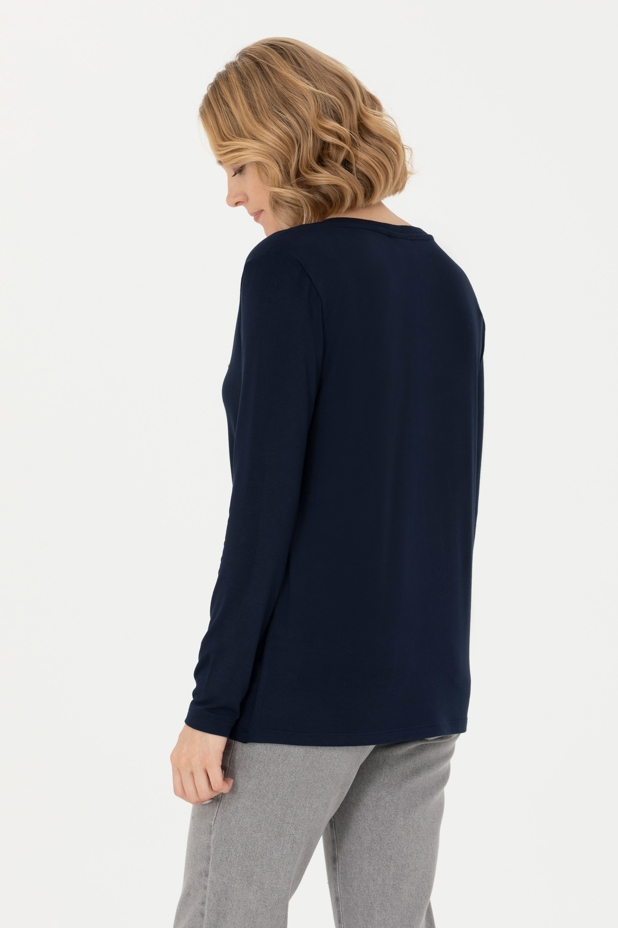 Kadın Lacivert V Yaka Sweatshirt - Image 5
