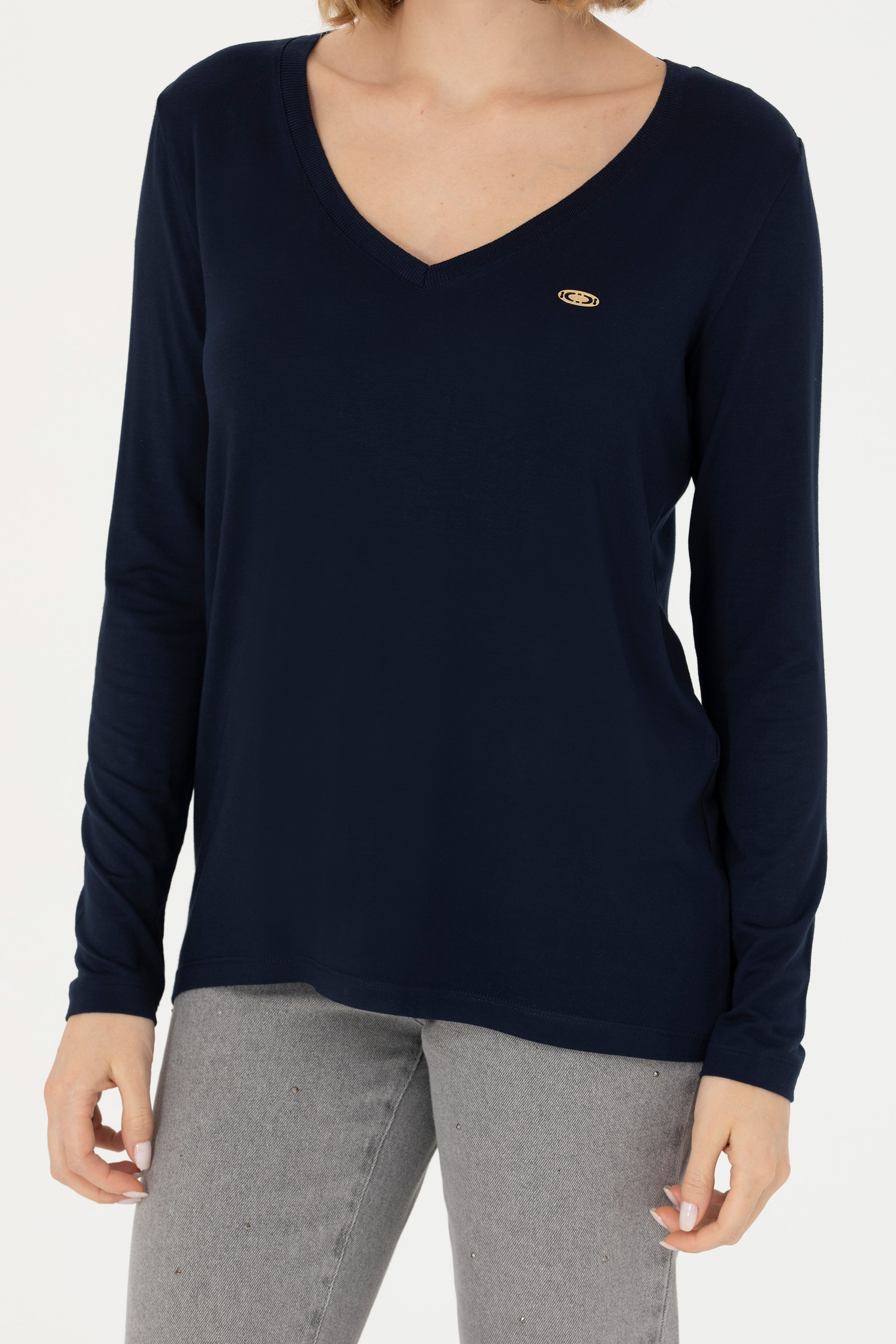 Kadın Lacivert V Yaka Sweatshirt - Image 6