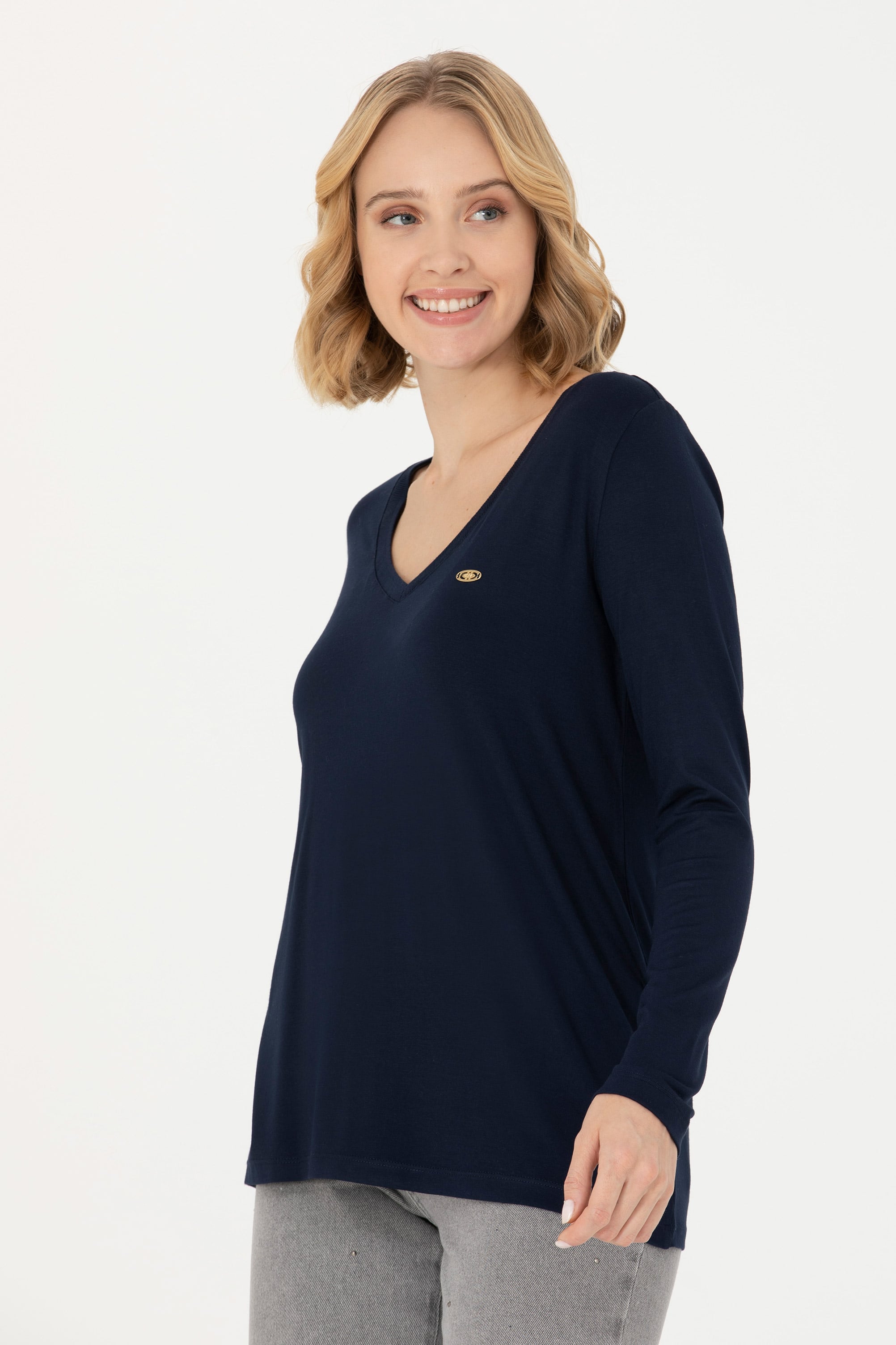Kadın Lacivert V Yaka Sweatshirt - Image 3