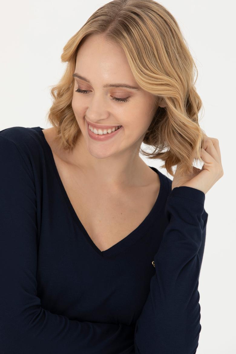 Kadın Lacivert V Yaka Sweatshirt - 50271543060