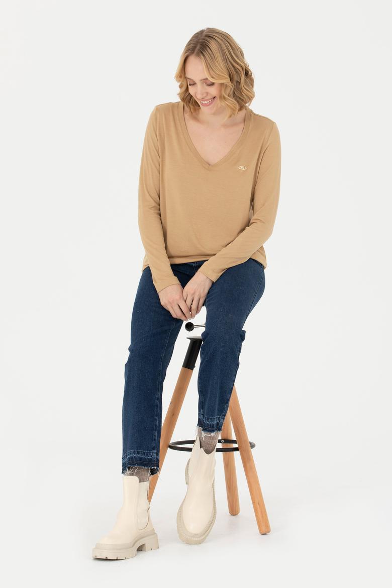 Kadın Kum V Yaka Sweatshirt - 50271543076