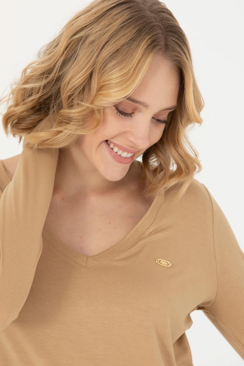 Kadın Kum V Yaka Sweatshirt - 50271543076