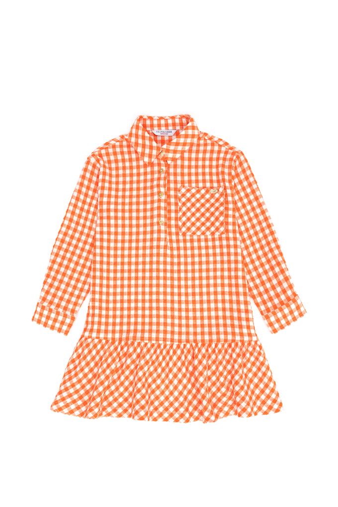 Kız Çocuk Turuncu Uzun Kol Dokuma Elbise