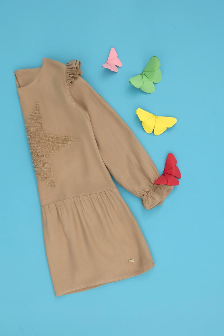 Kız Çocuk Kum Uzun Kol Dokuma Elbise