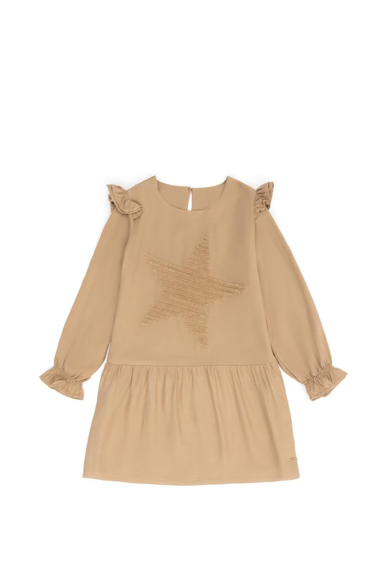 Kız Çocuk Kum Uzun Kol Dokuma Elbise - 50273514008