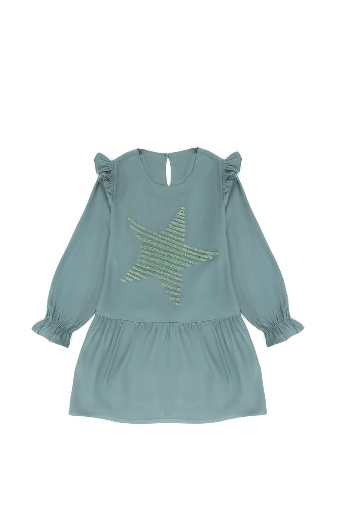 Kız Çocuk Mint Uzun Kol Dokuma Elbise