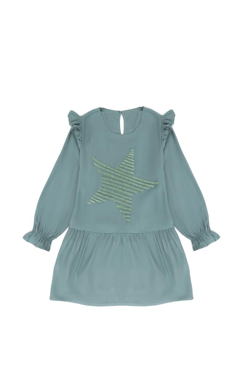 Kız Çocuk Mint Uzun Kol Dokuma Elbise