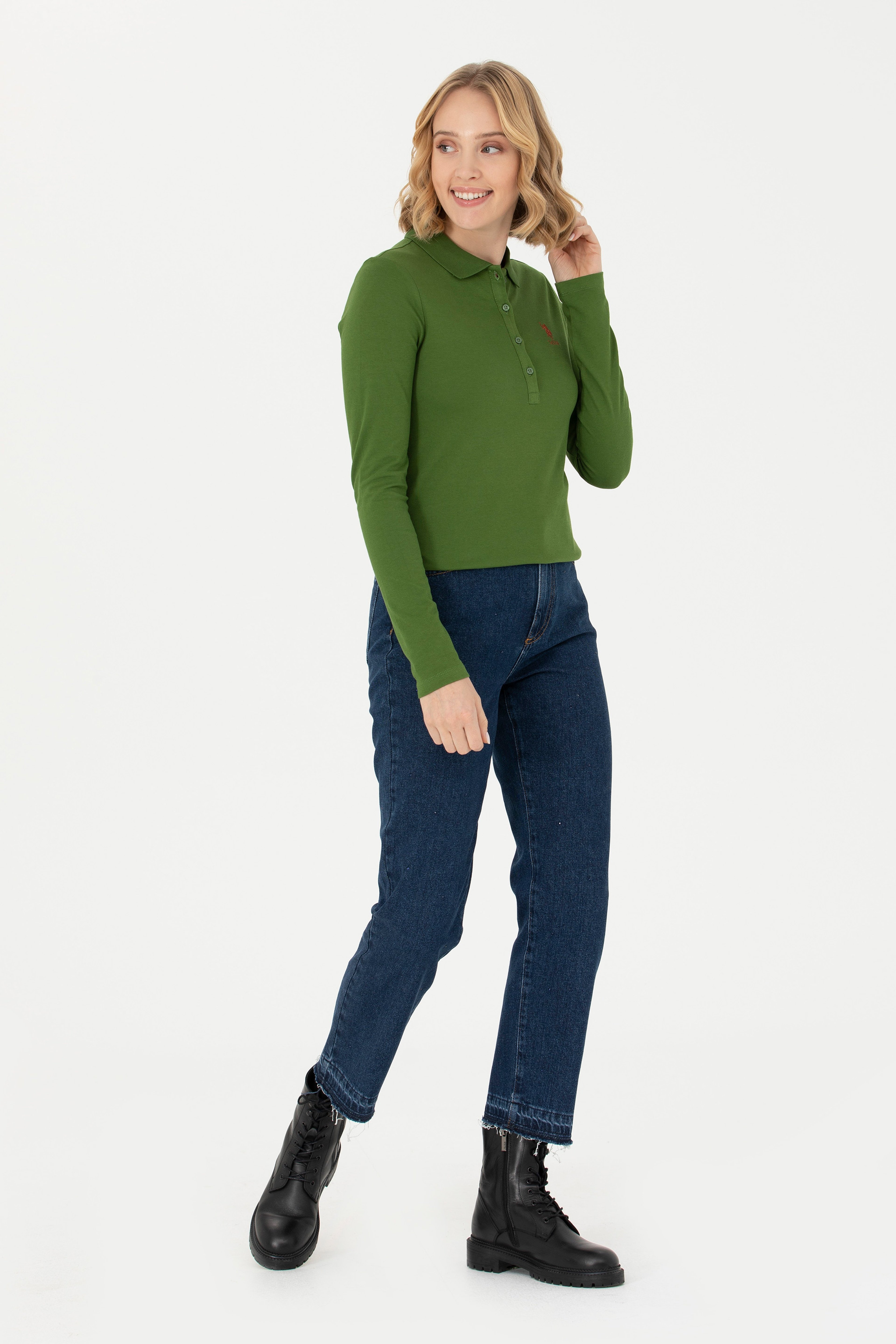 Kadın Yeşil Basic Polo Yaka Sweatshirt - Image 4