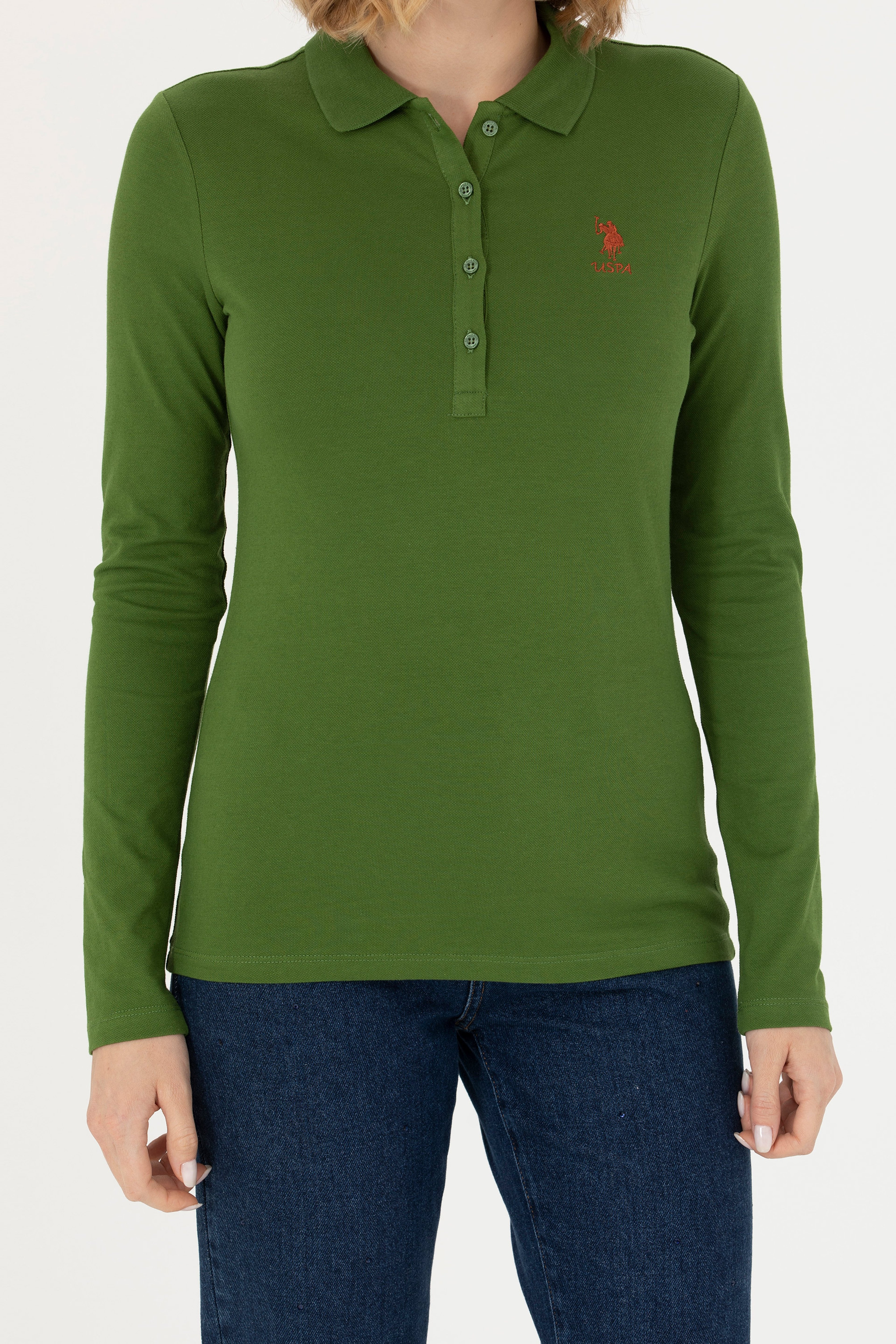 Kadın Yeşil Basic Polo Yaka Sweatshirt