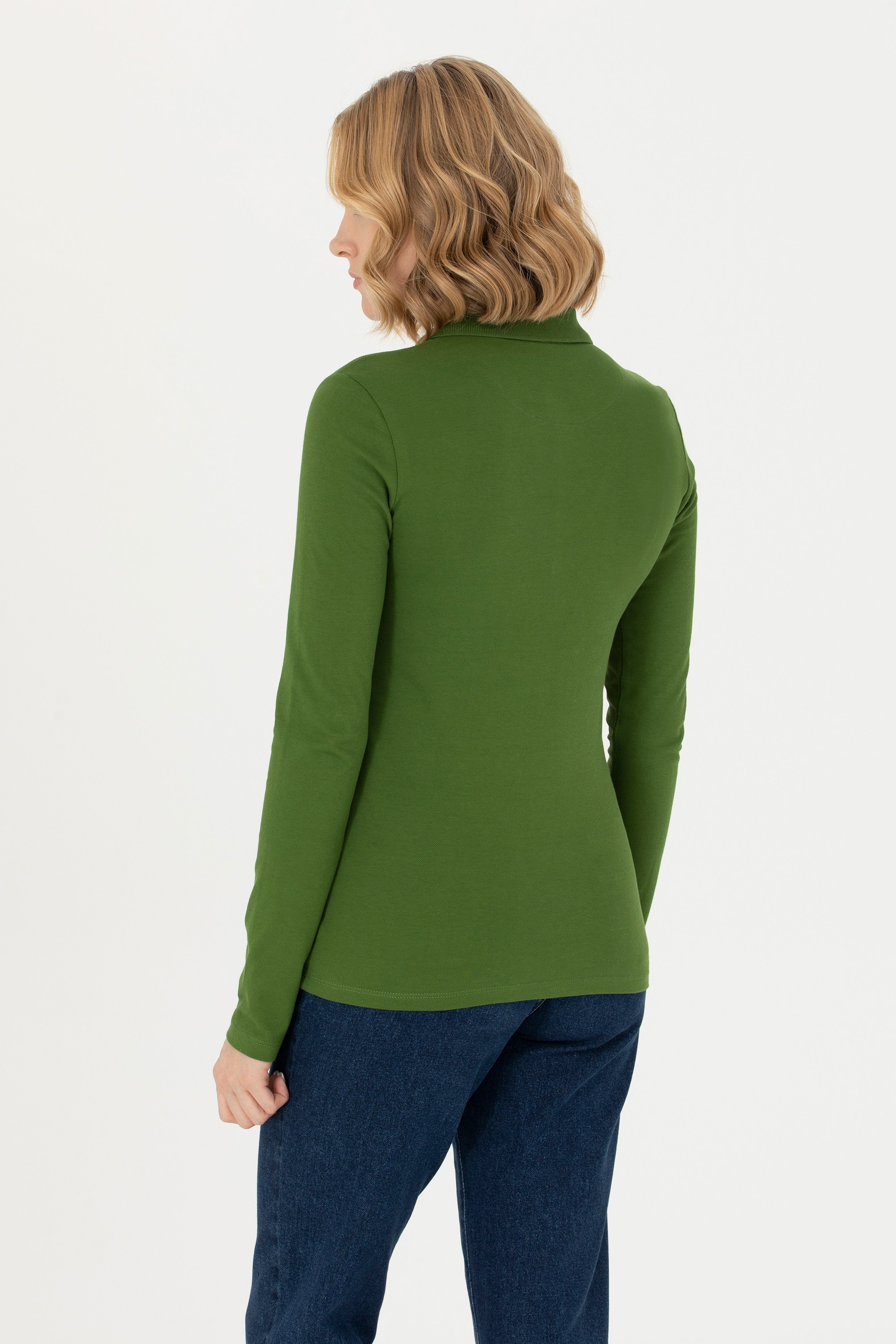 Kadın Yeşil Basic Polo Yaka Sweatshirt - Image 5