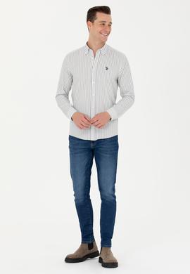 Erkek Ekru Çizgili Beyaz Gömlek - 50279435007