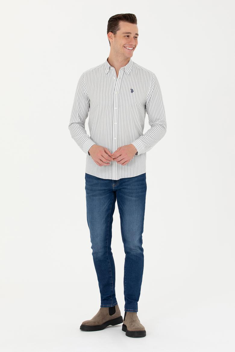 Erkek Ekru Çizgili Beyaz Gömlek - 50279435007