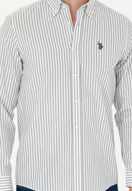 Erkek Ekru Çizgili Beyaz Gömlek - 50279435007