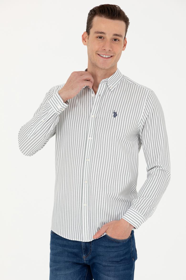 Erkek Ekru Çizgili Beyaz Gömlek