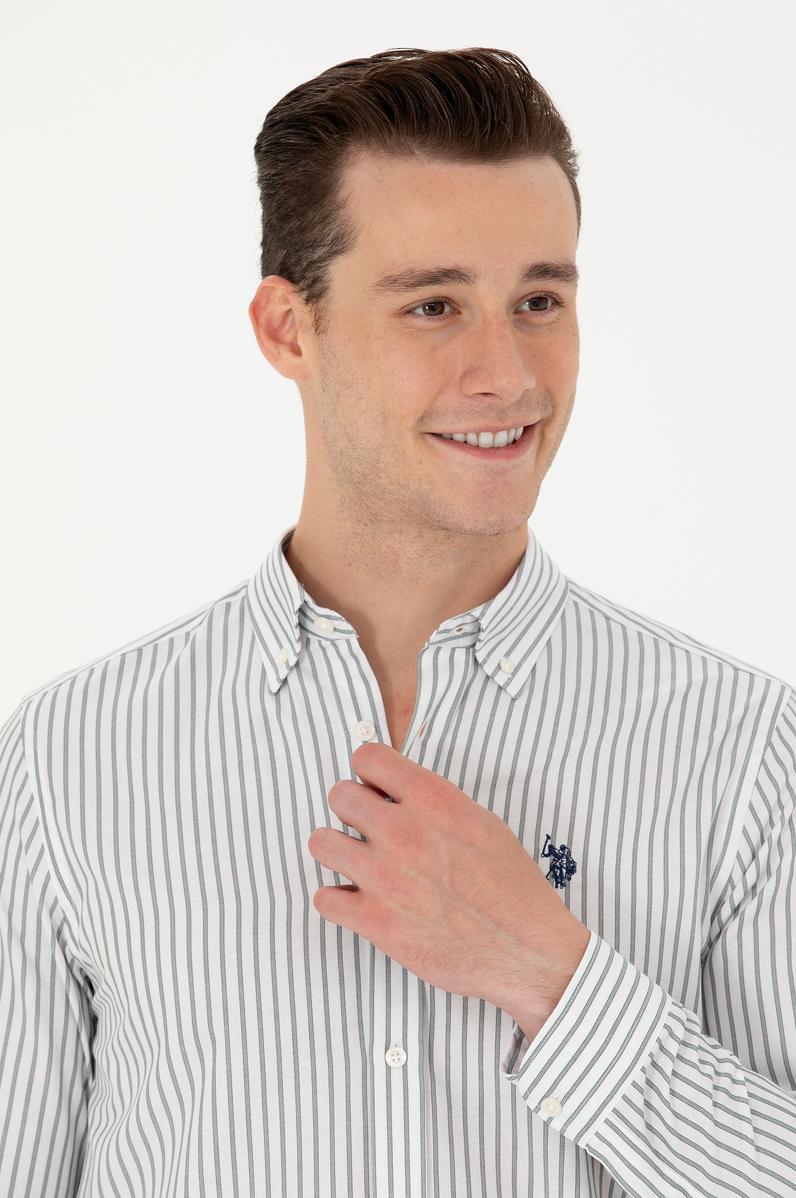 Erkek Ekru Çizgili Beyaz Gömlek