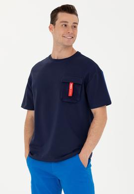 Erkek Lacivert Oversize Bisiklet Yaka Tişört - 50263576006