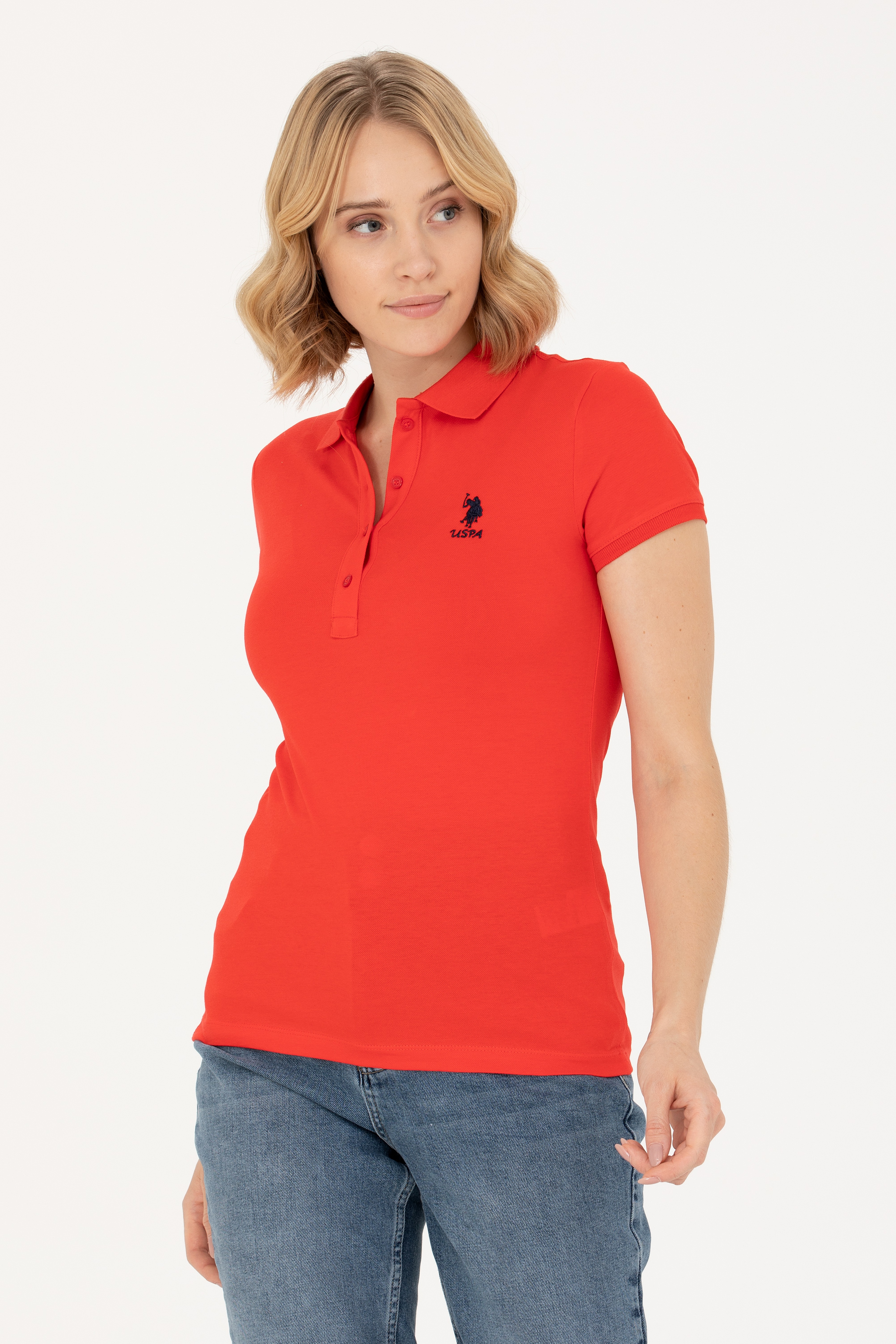 Kadın Kırmızı Basic Polo Yaka Tişört - Image 1