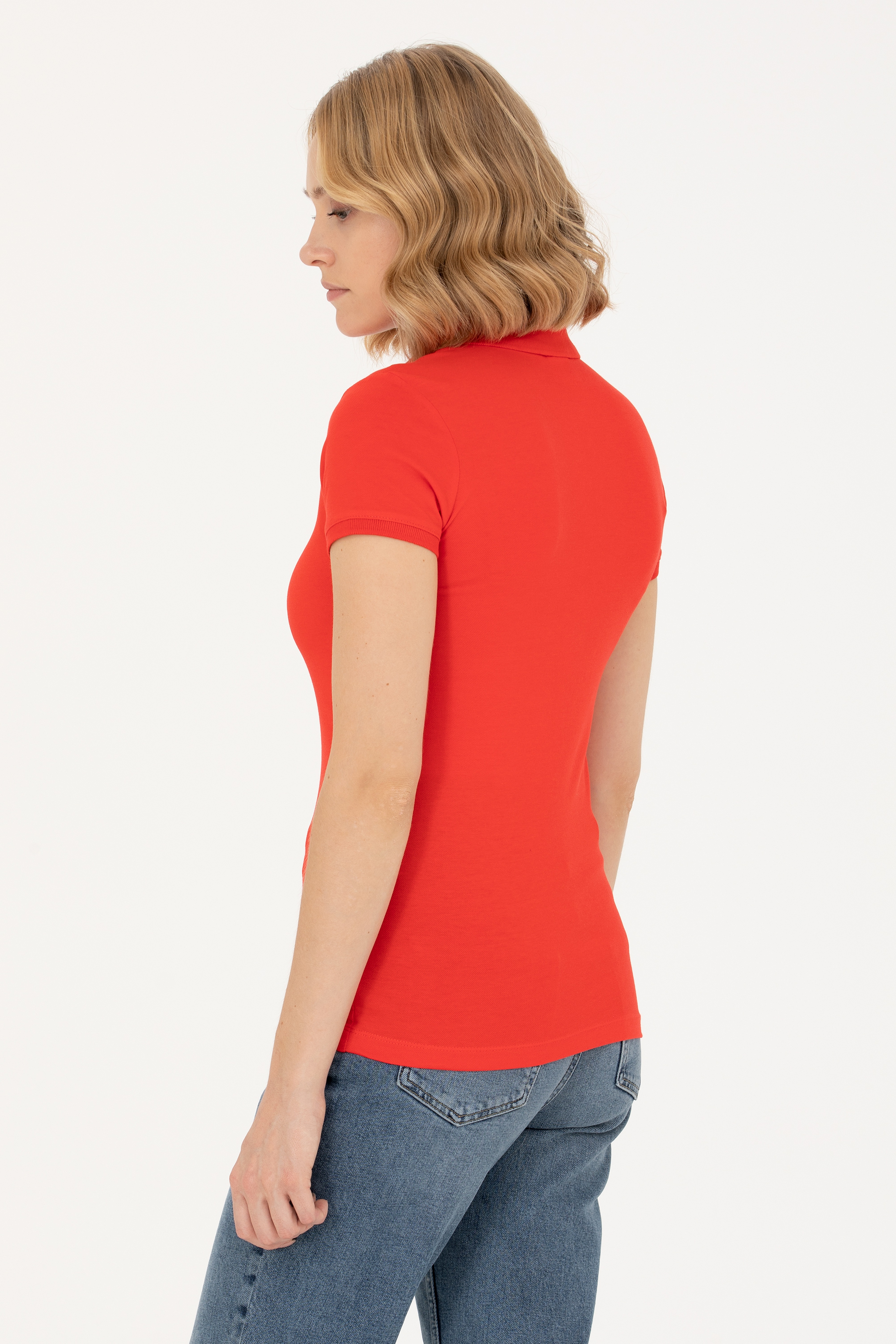 Kadın Kırmızı Basic Polo Yaka Tişört - Image 5
