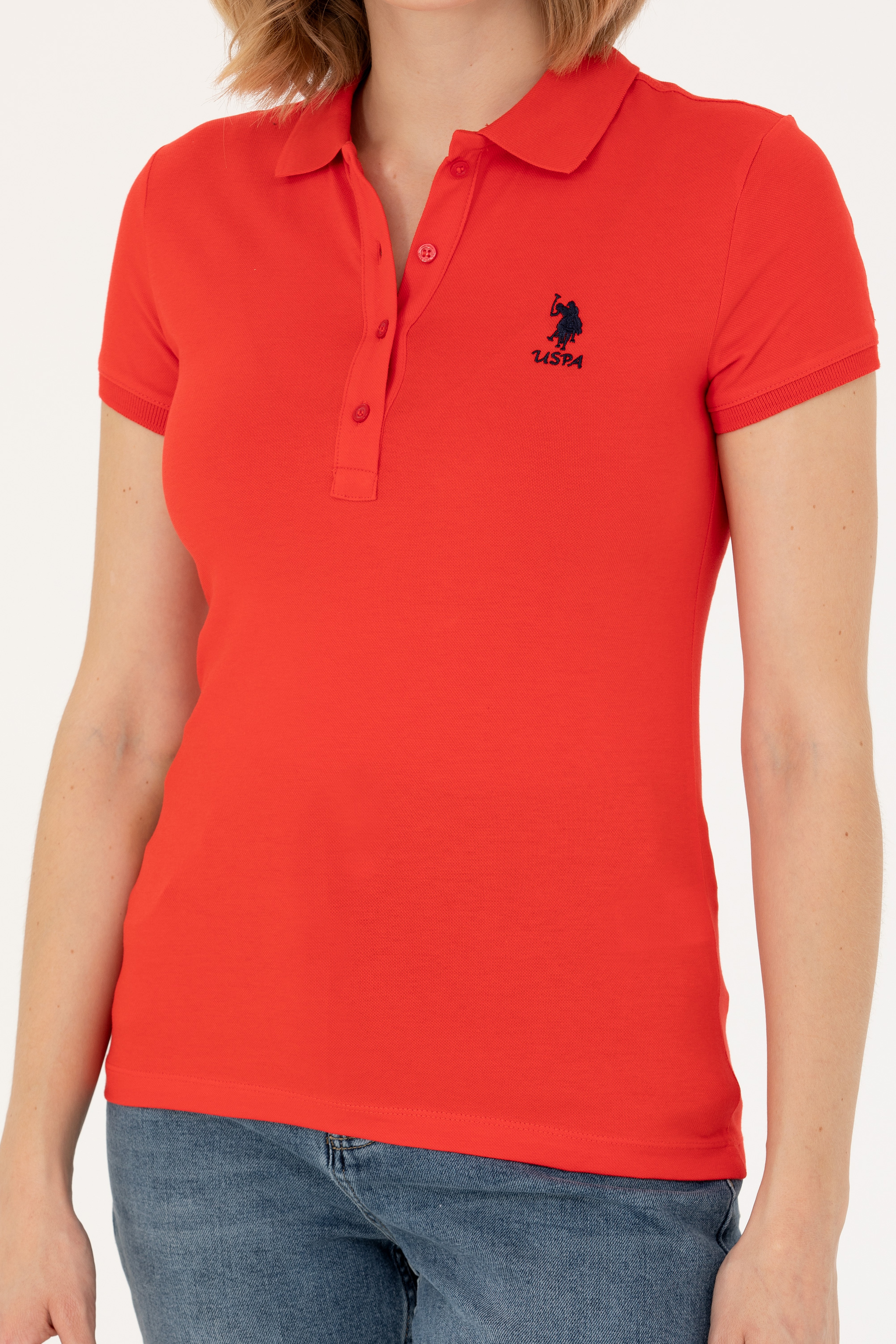Kadın Kırmızı Basic Polo Yaka Tişört - Image 6