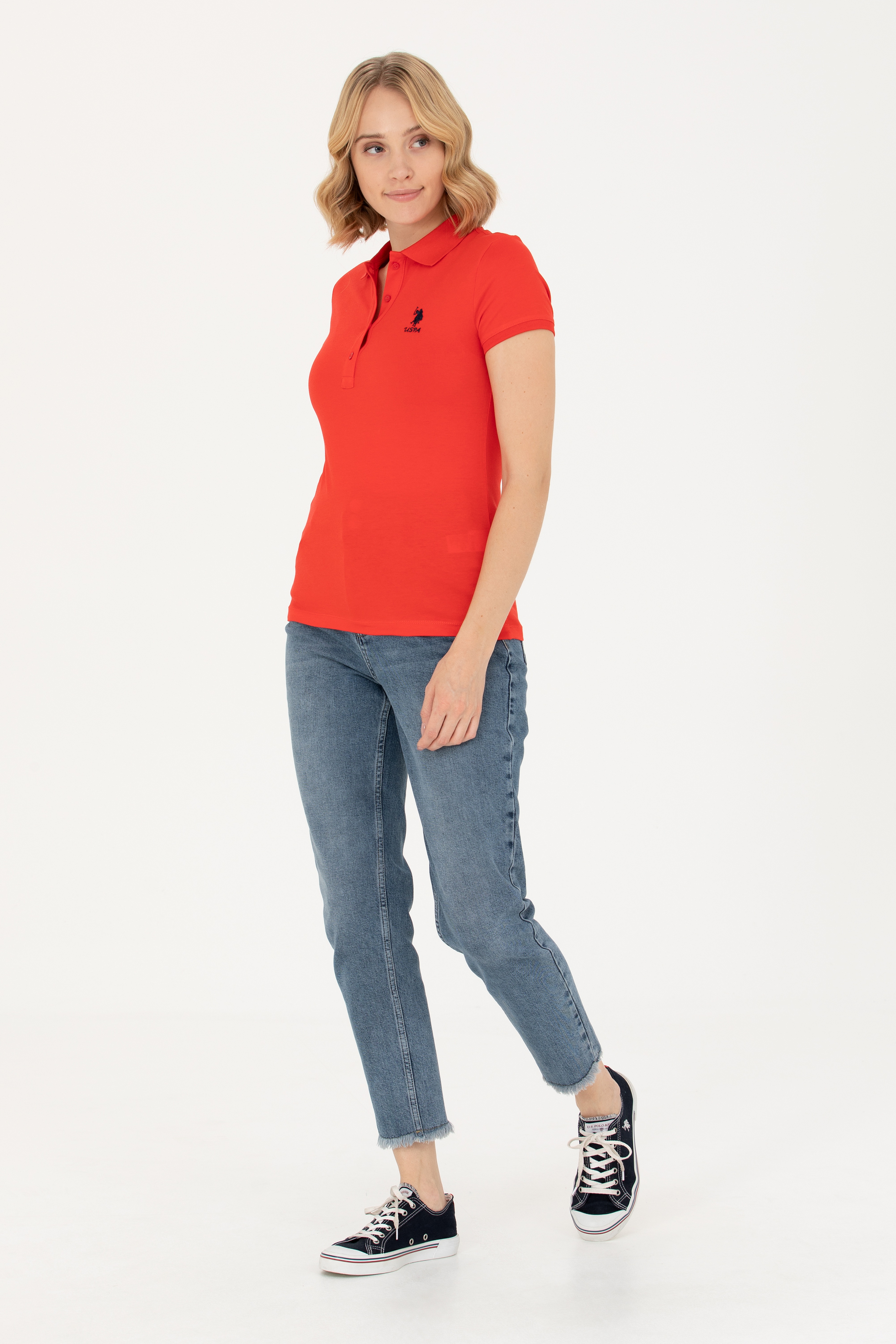 Kadın Kırmızı Basic Polo Yaka Tişört - Image 4
