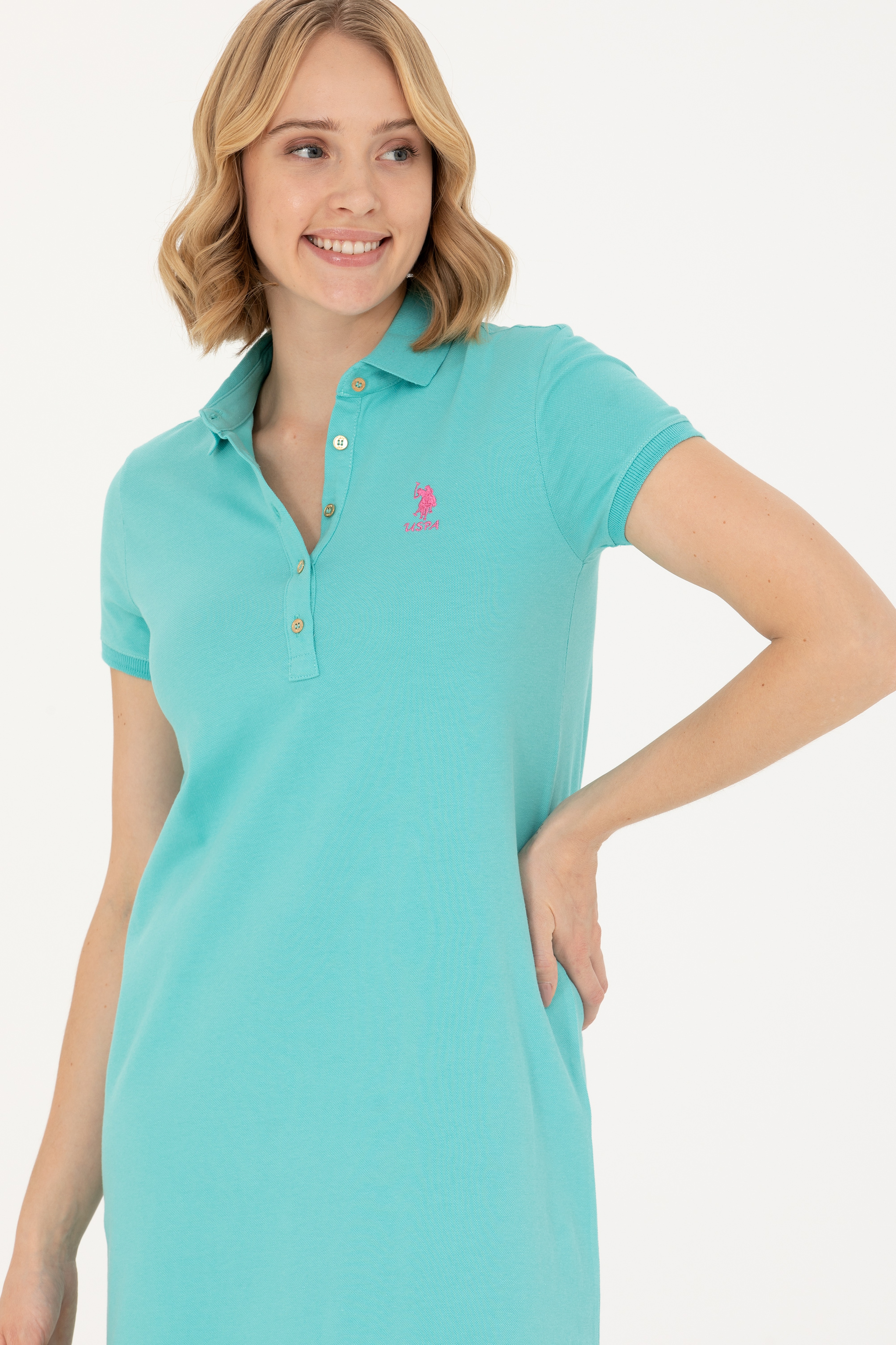 Kadın Mint Polo Yaka Mini Boy Örme Elbise - Image 4