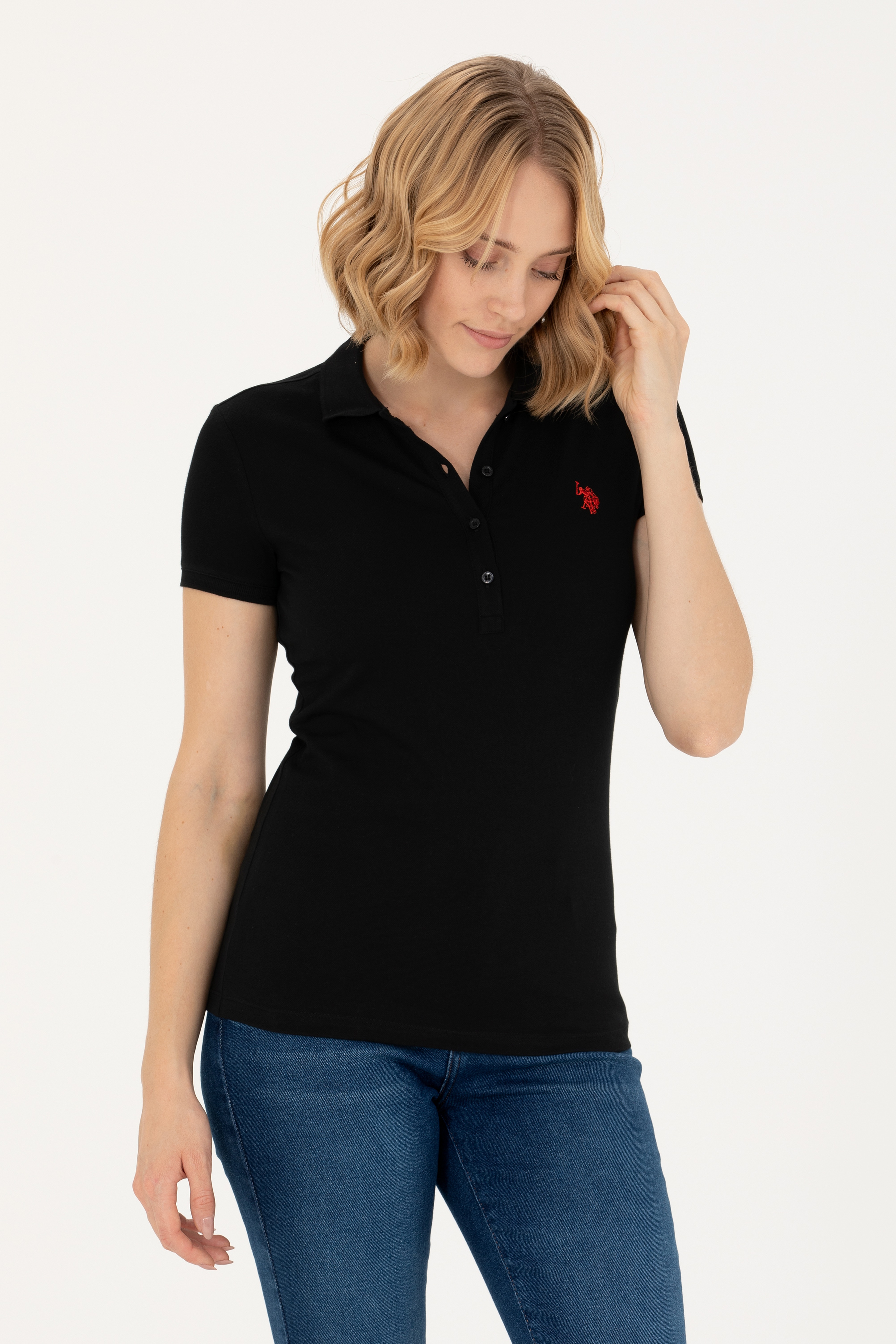 Kadın Siyah Polo Yaka Tişört - Image 3