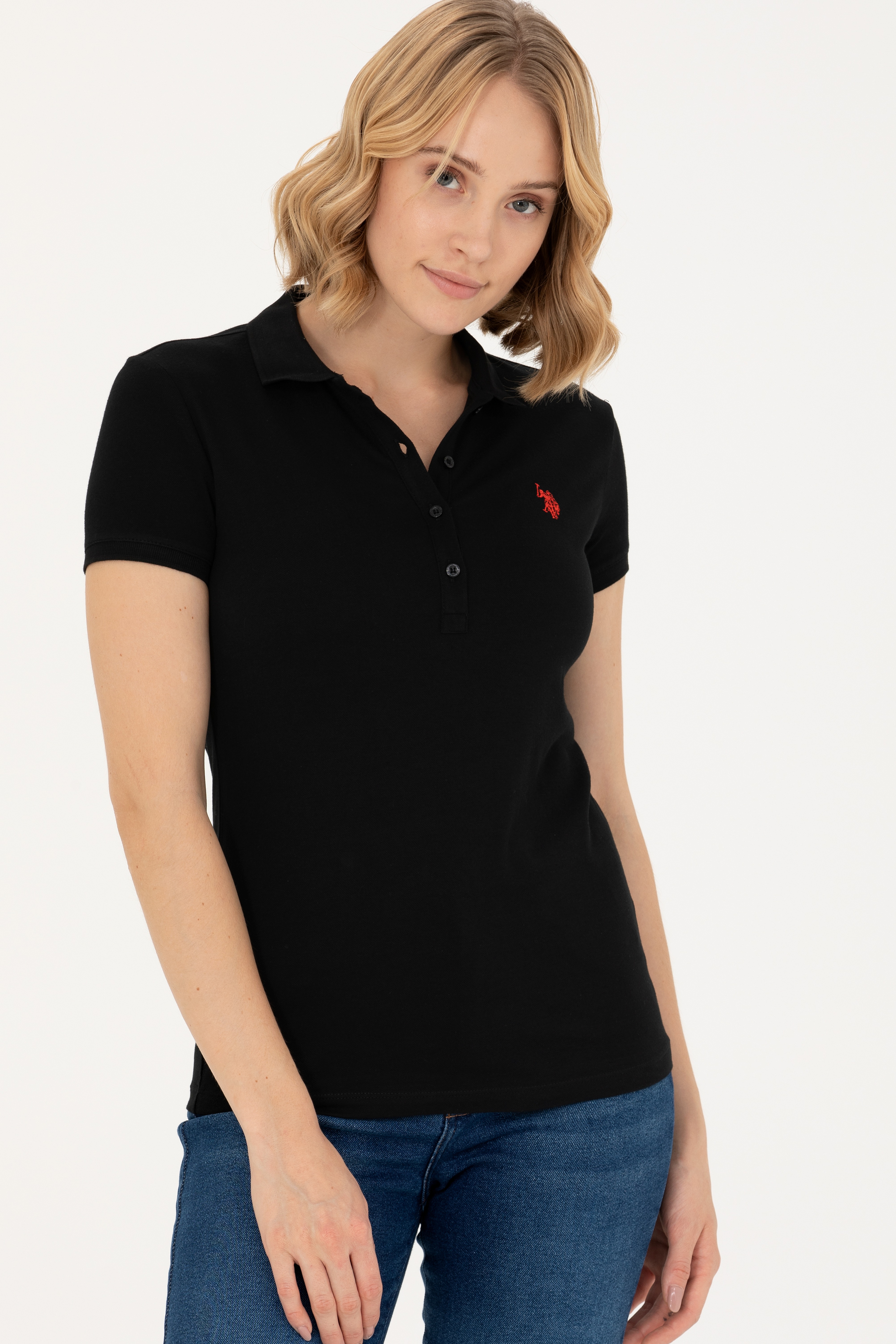 Kadın Siyah Polo Yaka Tişört - Image 1