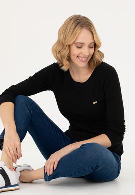 Kadın Siyah Kayık Yaka Sweatshirt - 50266364069