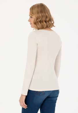 Kadın Krem Kayık Yaka Sweatshirt - 50266364076