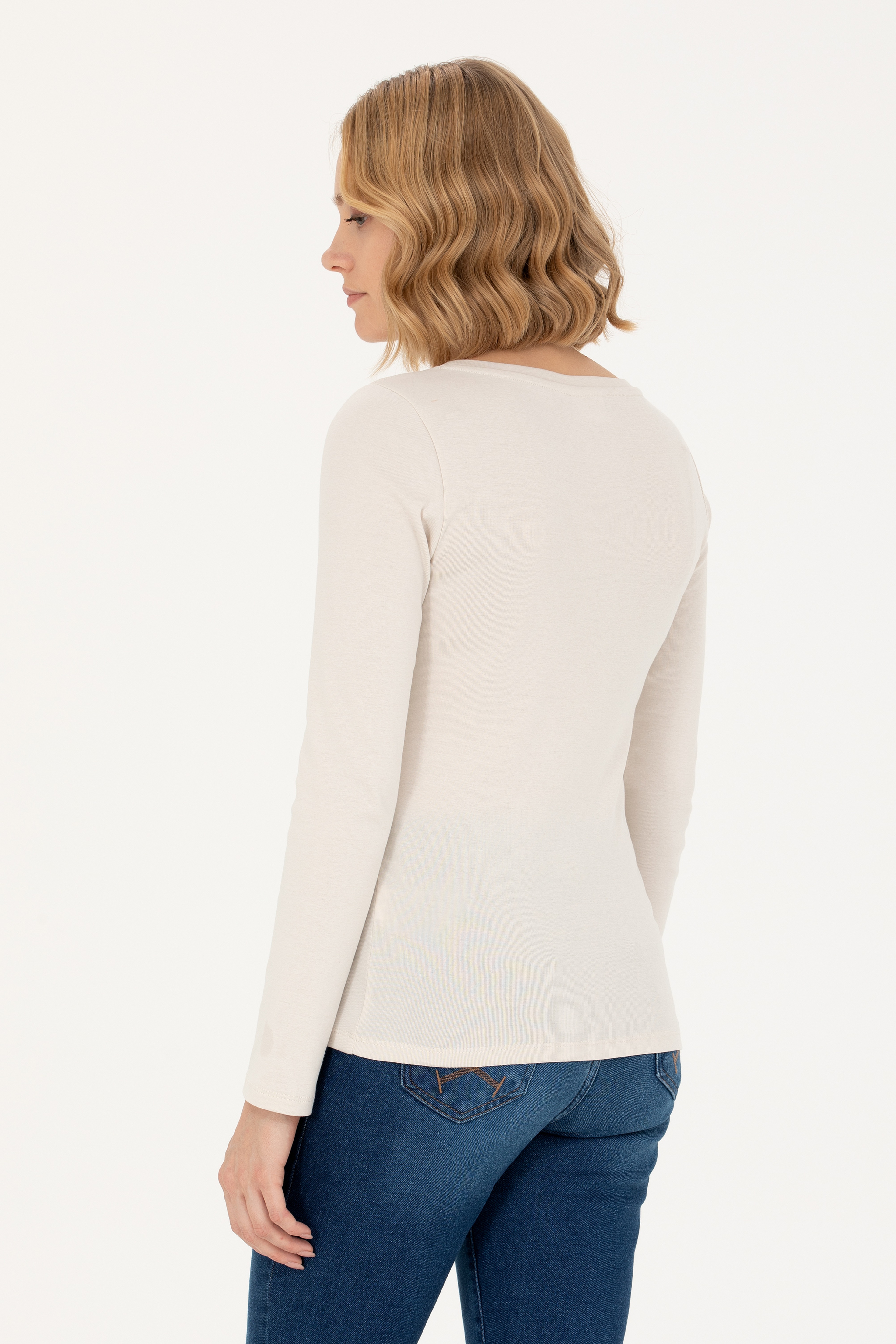 Kadın Krem Kayık Yaka Sweatshirt - Image 5